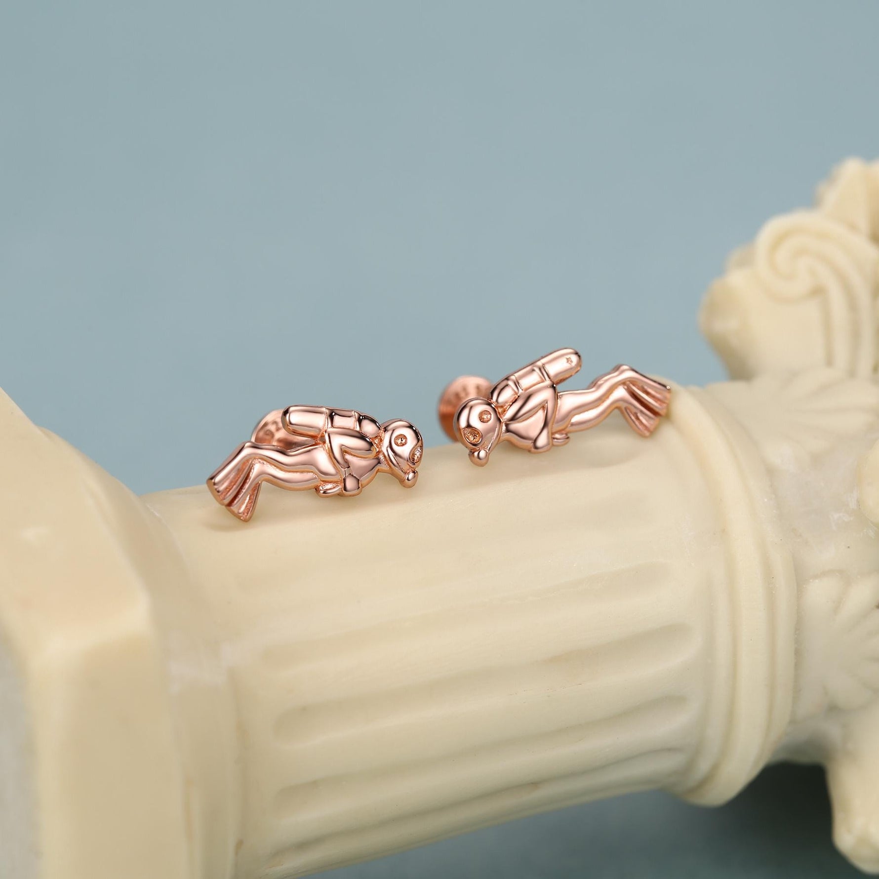 Sterling Silver Scuba Diver 16G Flat Back Stud Earrings