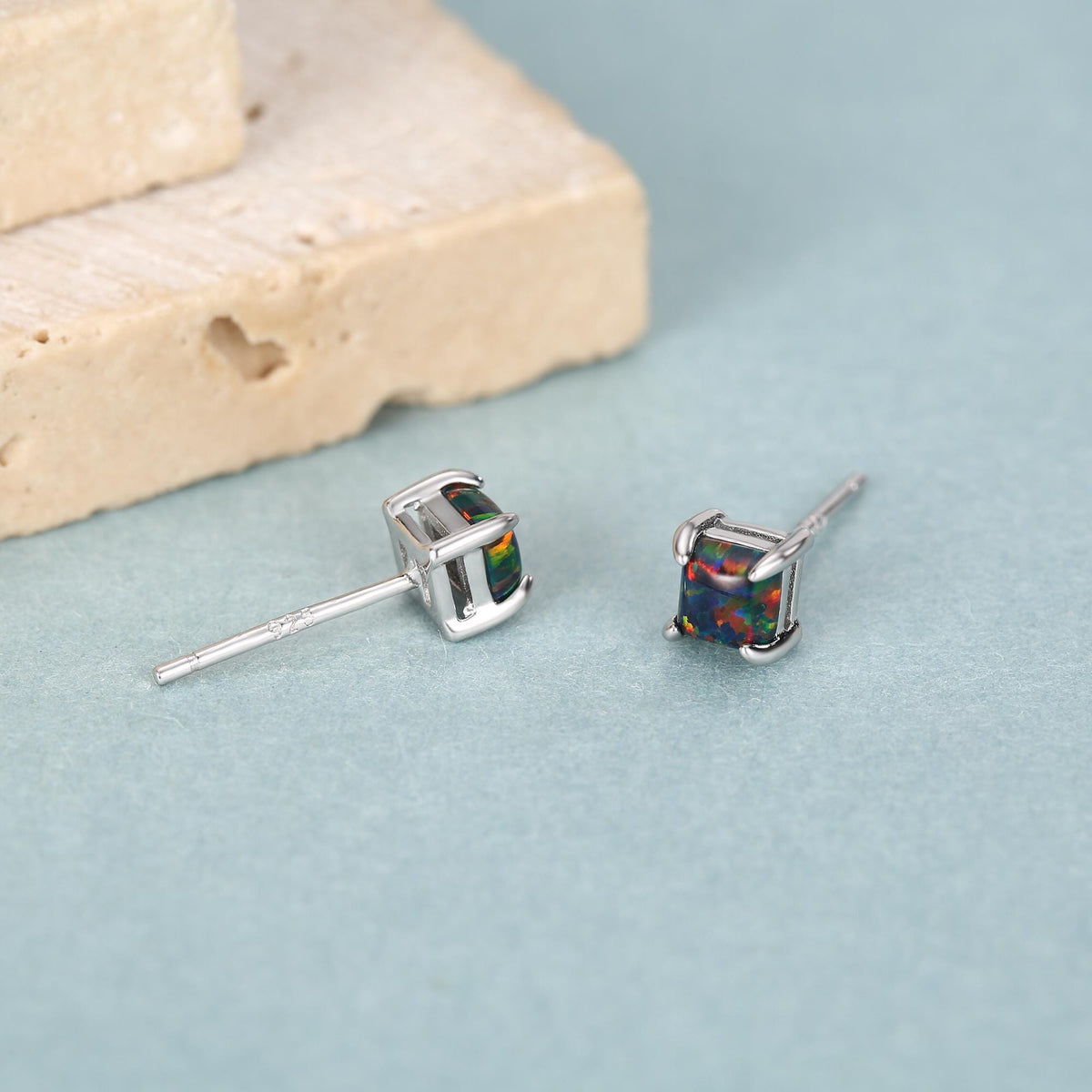 Black Opal Square Stud Earrings in Sterling Silver - Gold or Silver - Opal Cube Earrings - Petite Stud Earrings, Black Opal, Square Shape