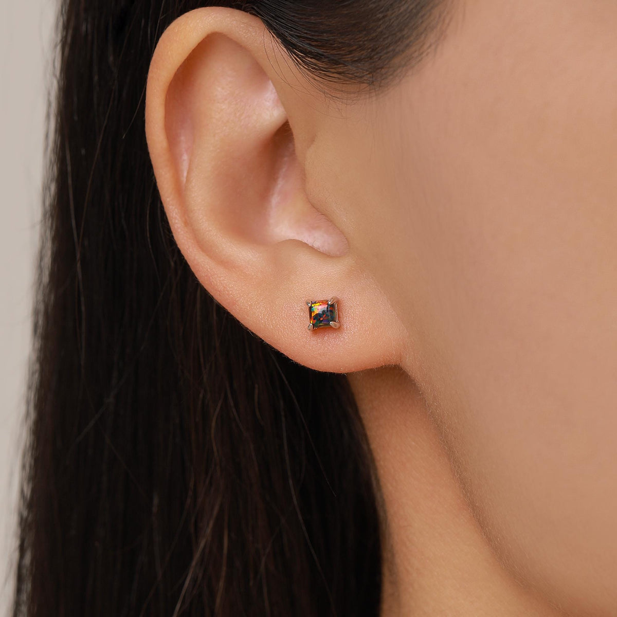 Black Opal Square Stud Earrings in Sterling Silver - Gold or Silver - Opal Cube Earrings - Petite Stud Earrings, Black Opal, Square Shape