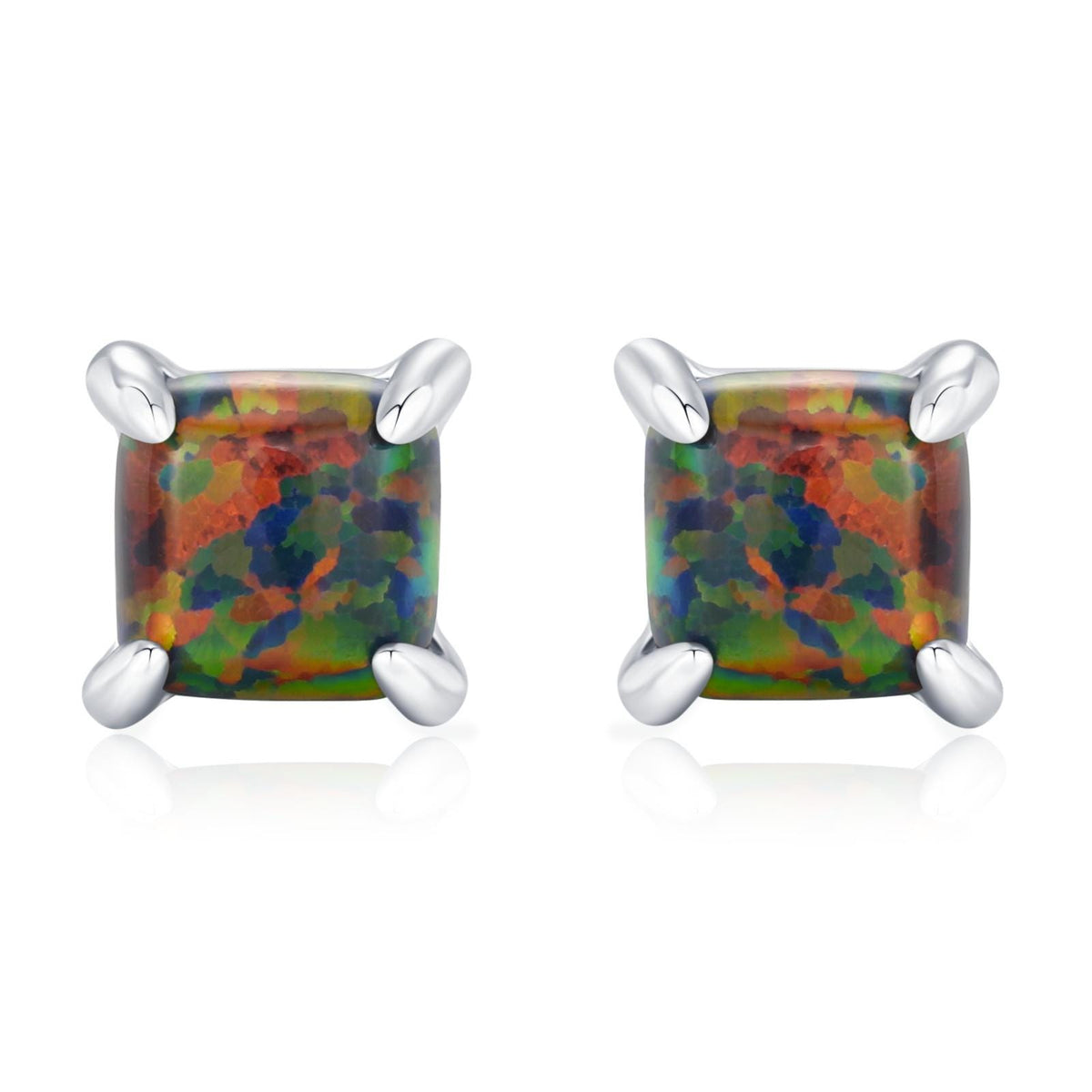 Black Opal Square Stud Earrings in Sterling Silver - Gold or Silver - Opal Cube Earrings - Petite Stud Earrings, Black Opal, Square Shape