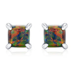 Black Opal Square Stud Earrings in Sterling Silver - Gold or Silver - Opal Cube Earrings - Petite Stud Earrings, Black Opal, Square Shape