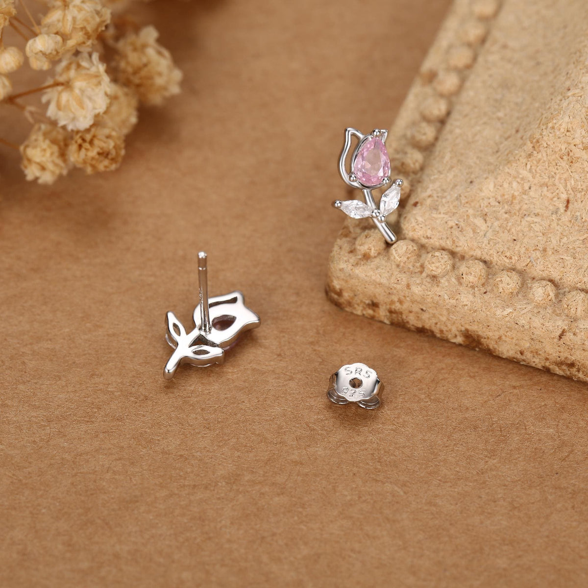 Sterling Silver Tulip Flower CZ Stud Earrings, Silver, Gold or Rose Gold, Pink Tulip Earrings, Floral Earrings, Blossom Earrings, Nature