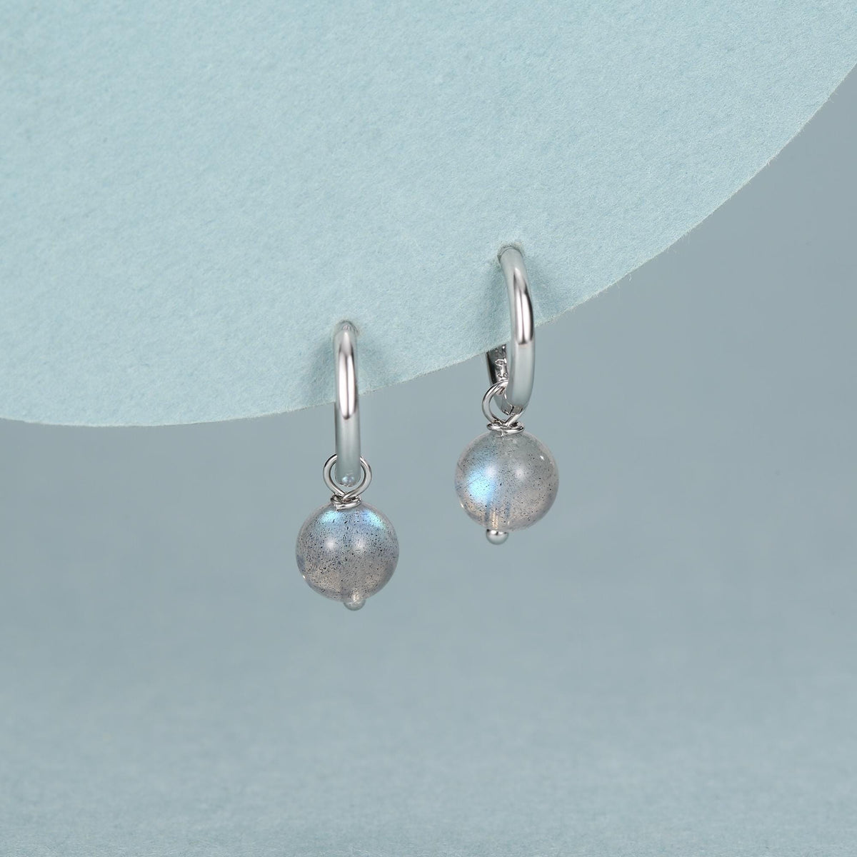 Genuine Labradorite Stone Beaded Huggie Hoop Earrings in Sterling Silver, 6mm Labradorite Hoops, Detachable Charms