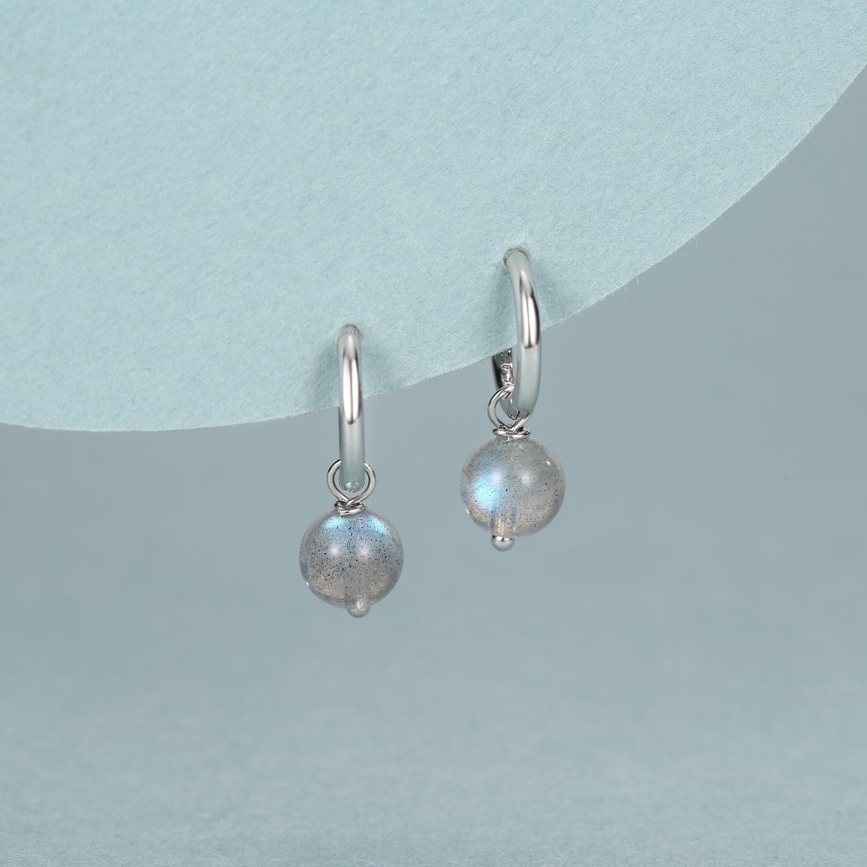 Genuine Labradorite Stone Beaded Huggie Hoop Earrings in Sterling Silver, 6mm Labradorite Hoops, Detachable Charms
