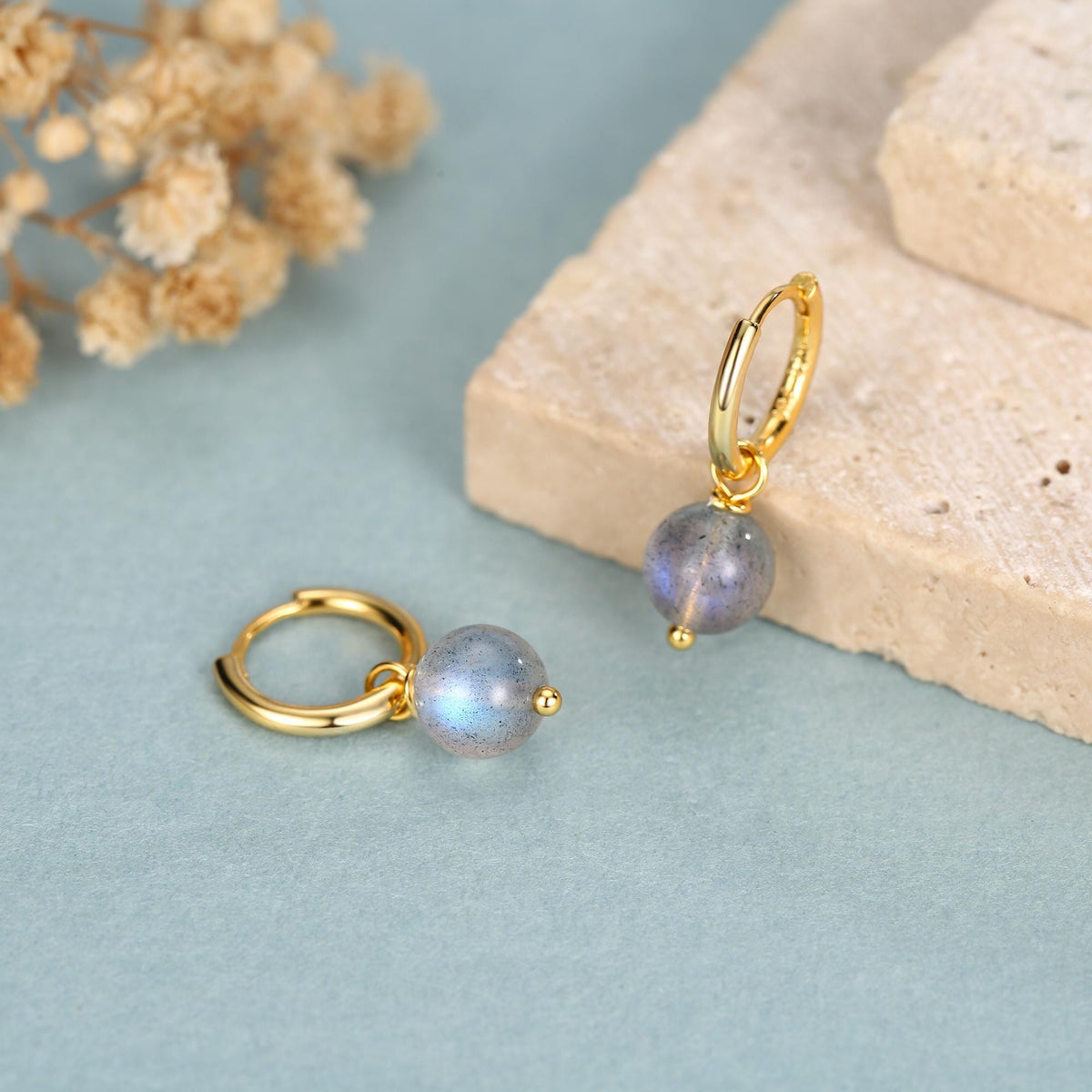 Genuine Labradorite Stone Beaded Huggie Hoop Earrings in Sterling Silver, 6mm Labradorite Hoops, Detachable Charms