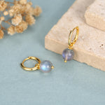 Genuine Labradorite Stone Beaded Huggie Hoop Earrings in Sterling Silver, 6mm Labradorite Hoops, Detachable Charms