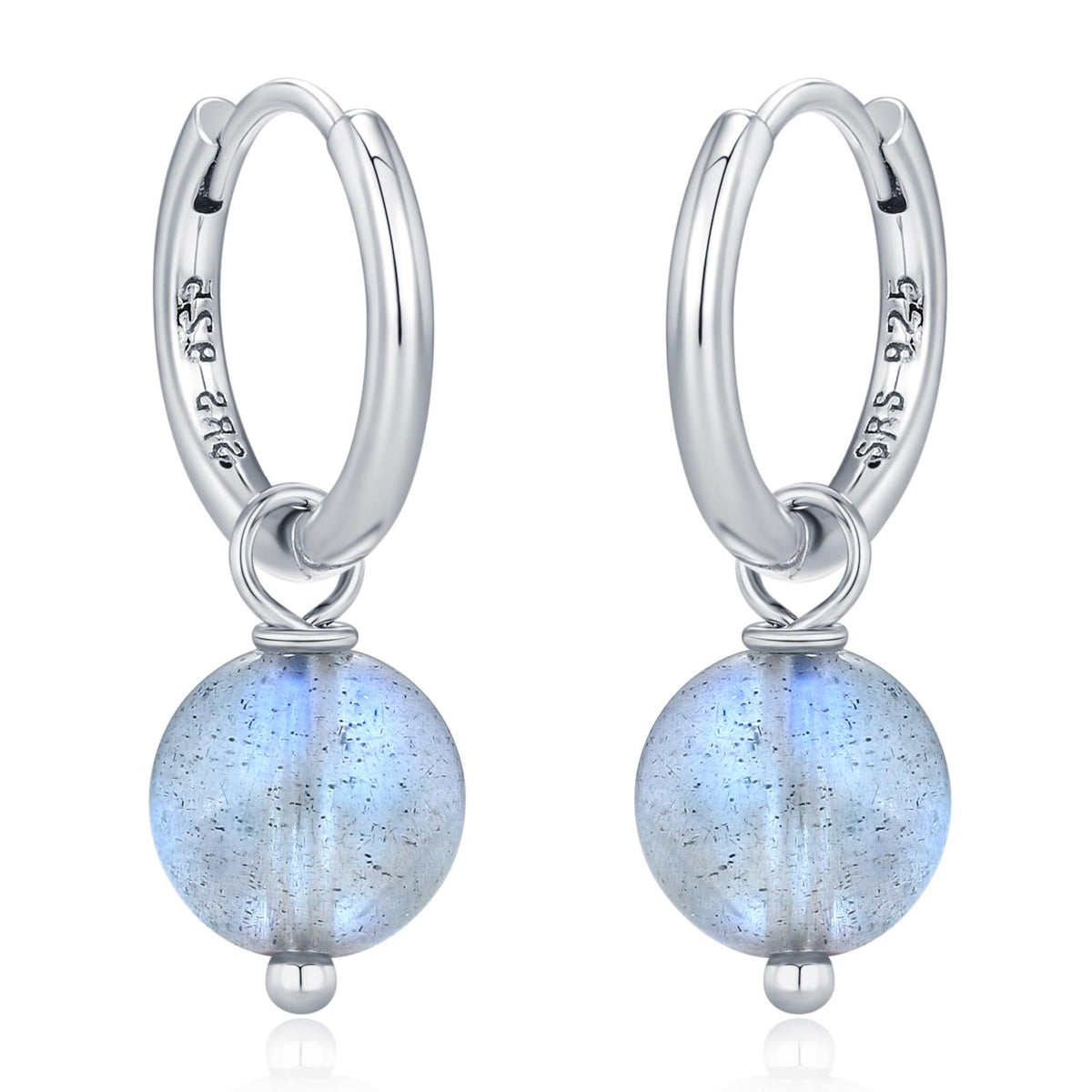 Genuine Labradorite Stone Beaded Huggie Hoop Earrings in Sterling Silver, 6mm Labradorite Hoops, Detachable Charms