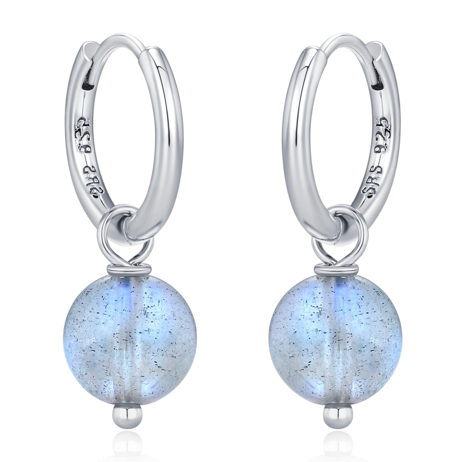 Genuine Labradorite Stone Beaded Huggie Hoop Earrings in Sterling Silver, 6mm Labradorite Hoops, Detachable Charms
