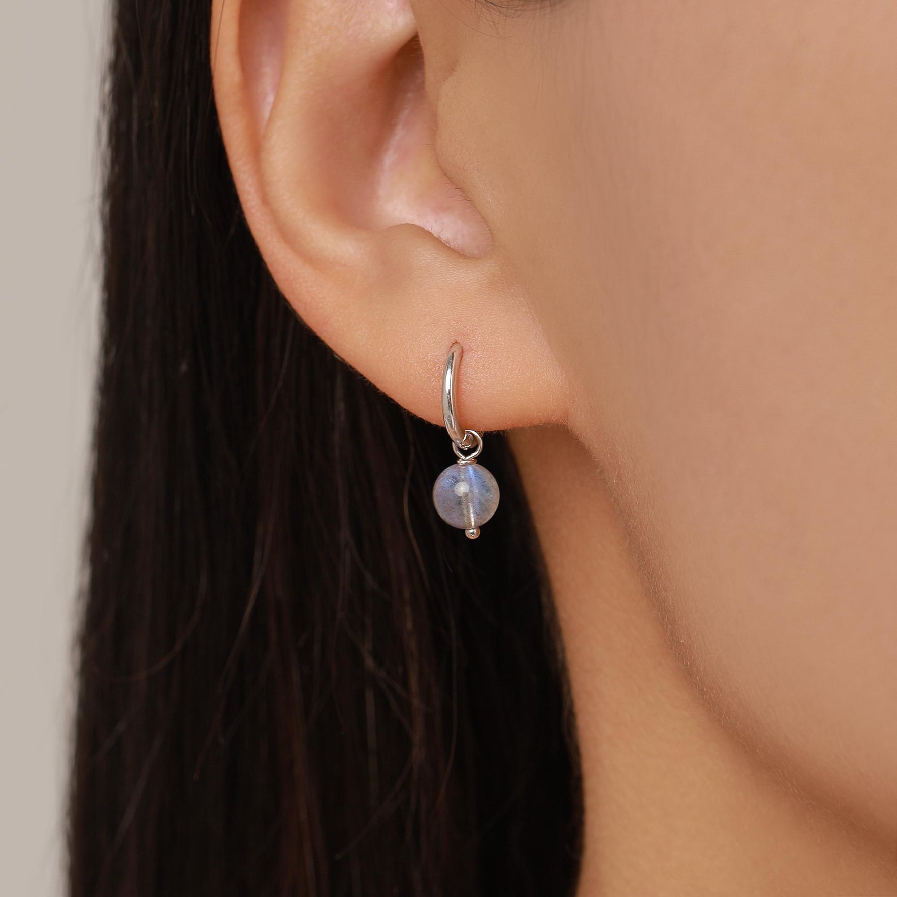 Genuine Labradorite Stone Beaded Huggie Hoop Earrings in Sterling Silver, 6mm Labradorite Hoops, Detachable Charms