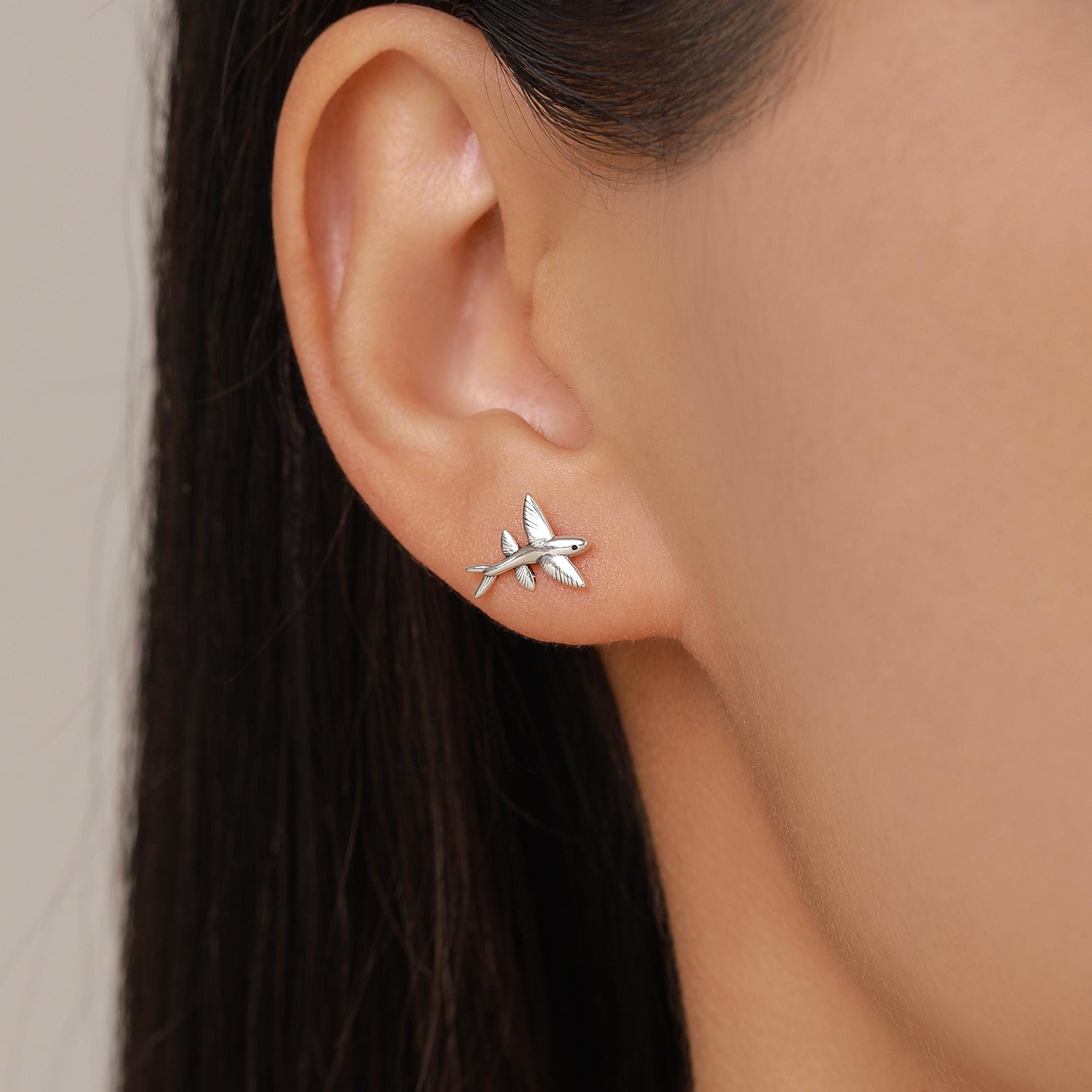 Very Tiny Flying Fish Stud Earrings in Sterling Silver, Silver or Gold or Mixed Tone, Cute Flying Fish Earrings