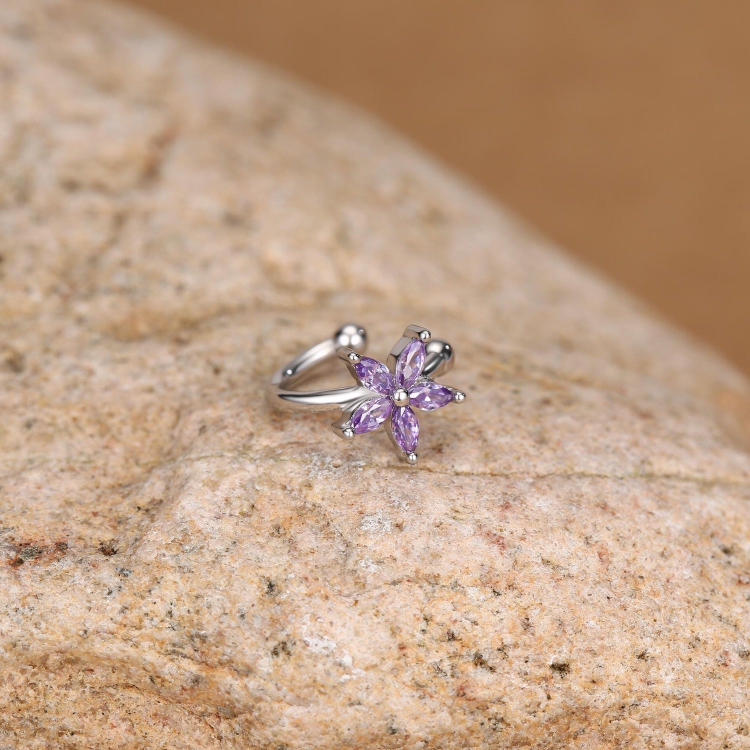 Lilac Purple CZ Flower Ear Cuff in Sterling Silver, Silver or Gold, Simple Piercing Free Earrings, Minimalist Ear Cuff