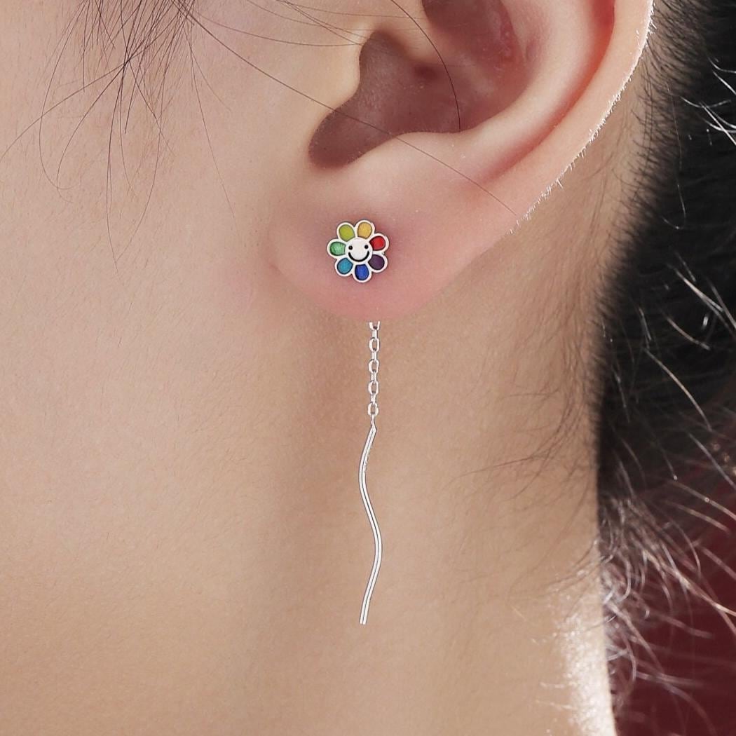 Enamel Smiling Flower Threader Earrings in Sterling Silver, Silver Rainbow Flower Earrings, Multi Colour Flower Spiral Ear Threaders
