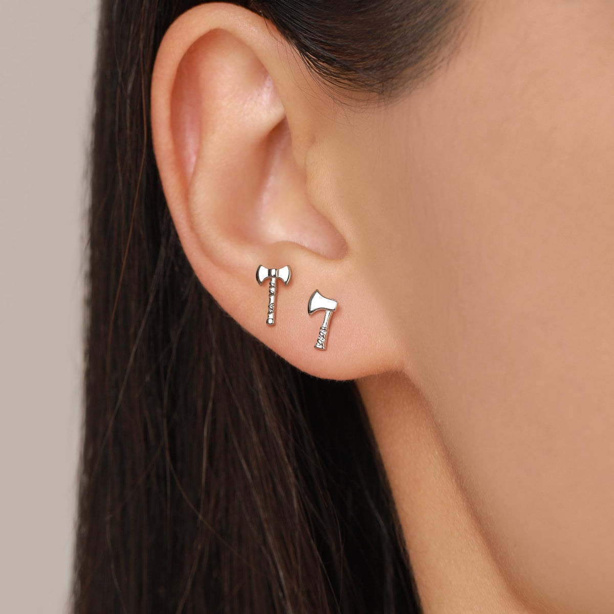 Sterling Silver Viking Axe Mismatched 16G Flat Back Labret Earrings