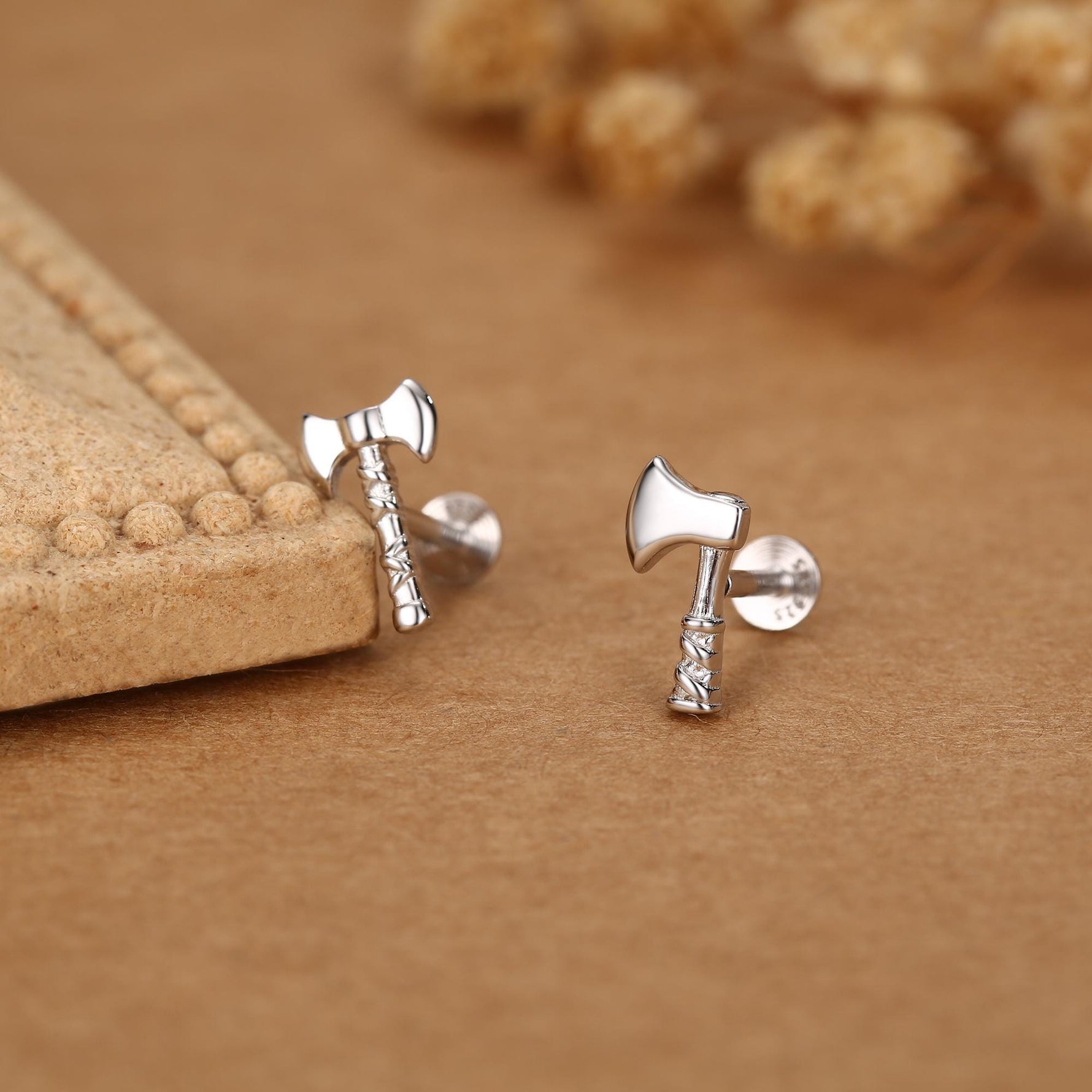 Sterling Silver Viking Axe Mismatched 16G Flat Back Labret Earrings