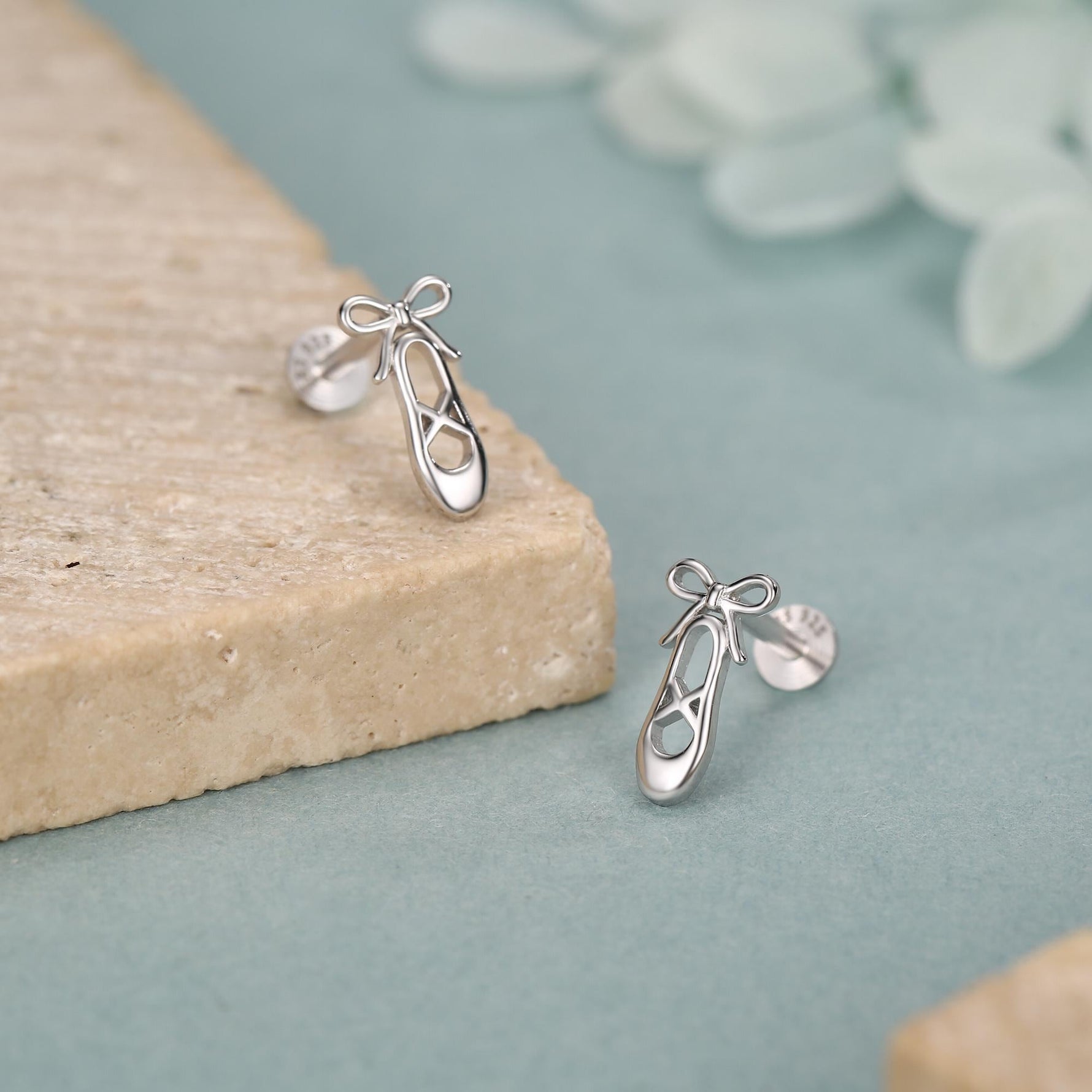 Sterling Silver Ballet Slipper 16G Flat Back Earrings