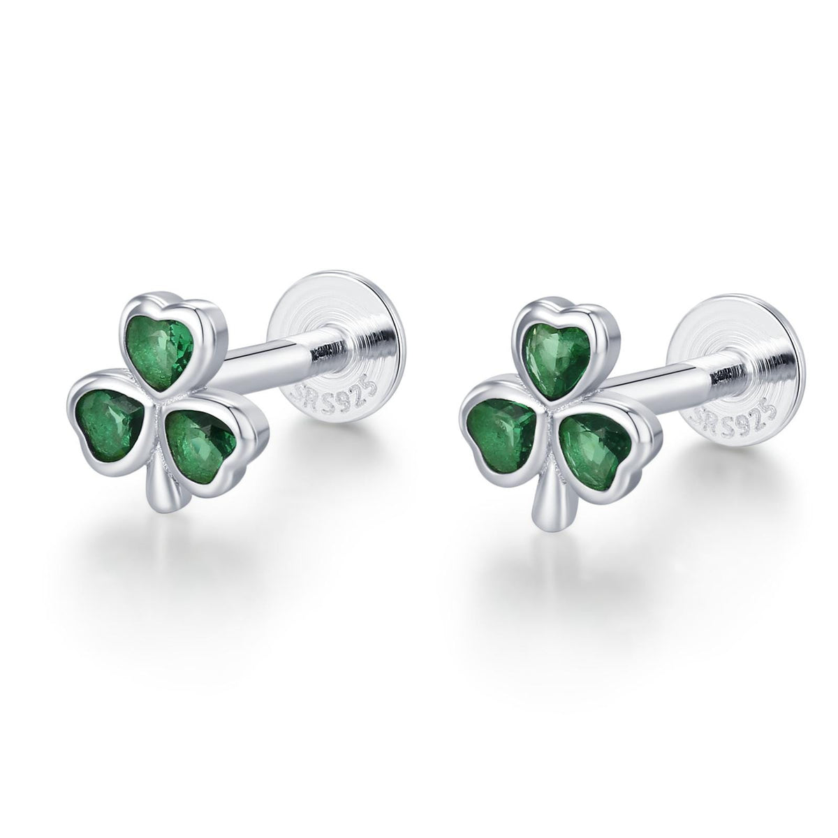 Sterling Silver Green CZ Shamrock 16G Flat Back Earrings