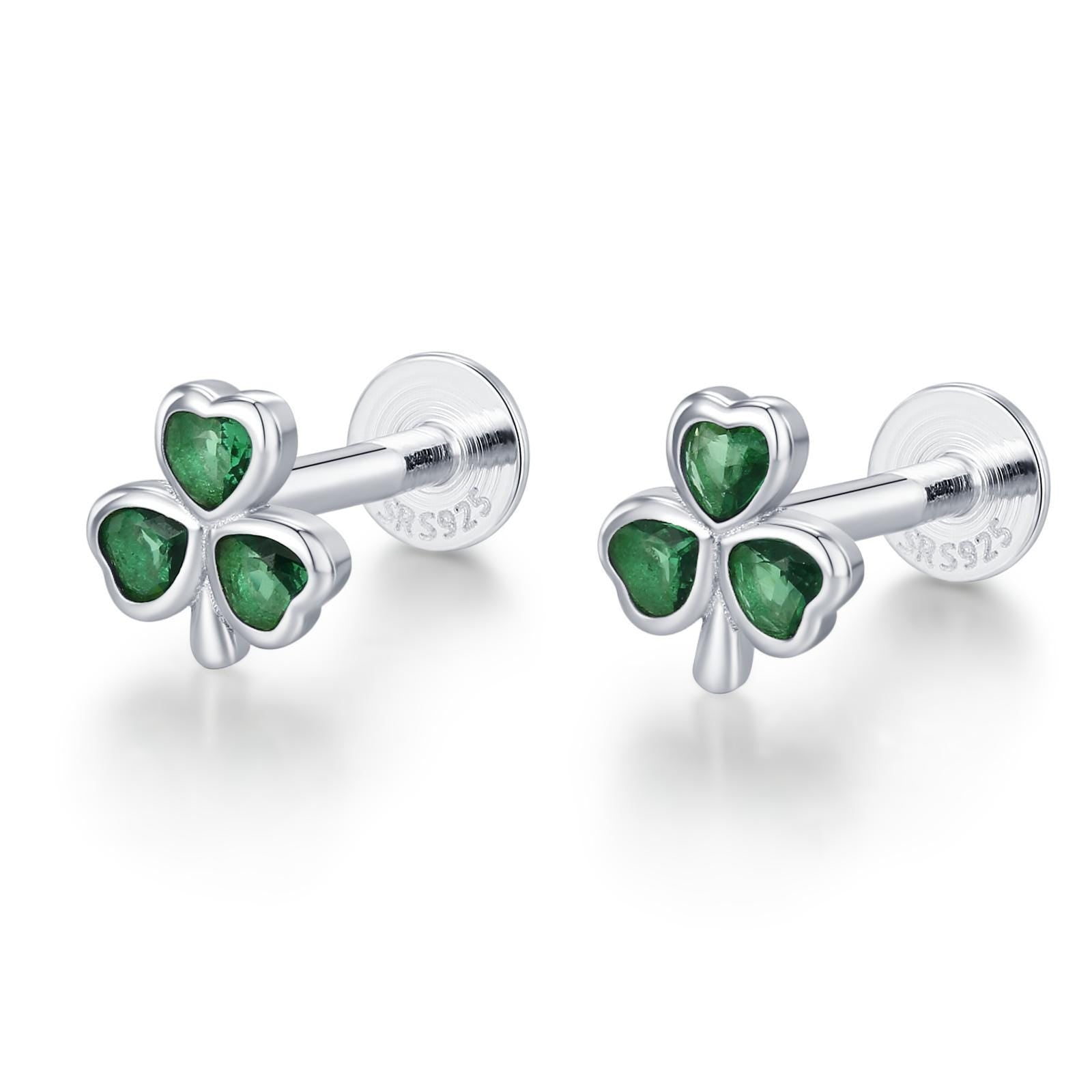 Sterling Silver Green CZ Shamrock 16G Flat Back Earrings