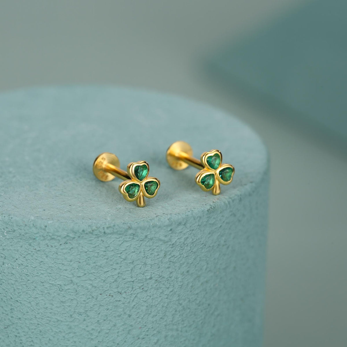 Sterling Silver Green CZ Shamrock 16G Flat Back Earrings