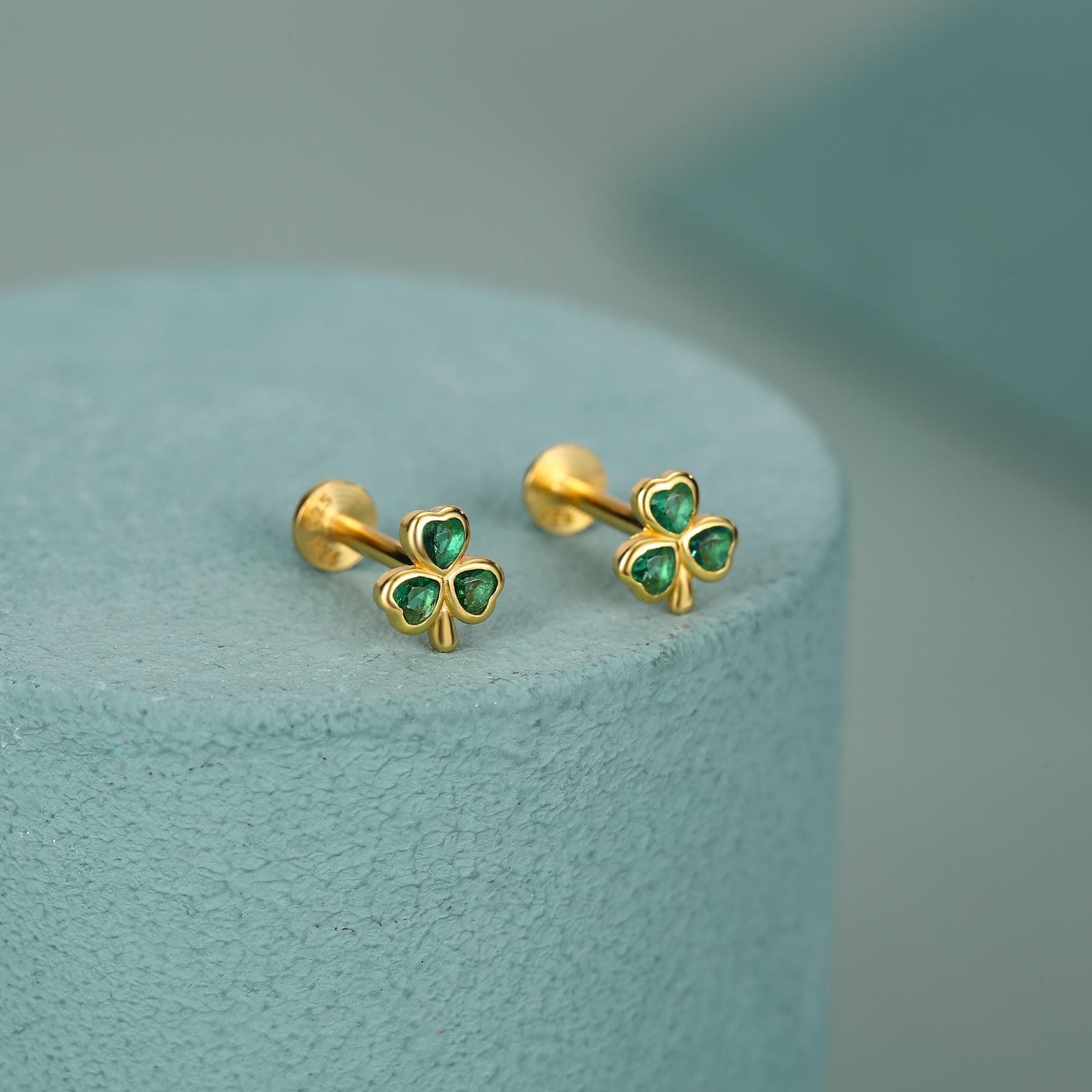 Sterling Silver Green CZ Shamrock 16G Flat Back Earrings