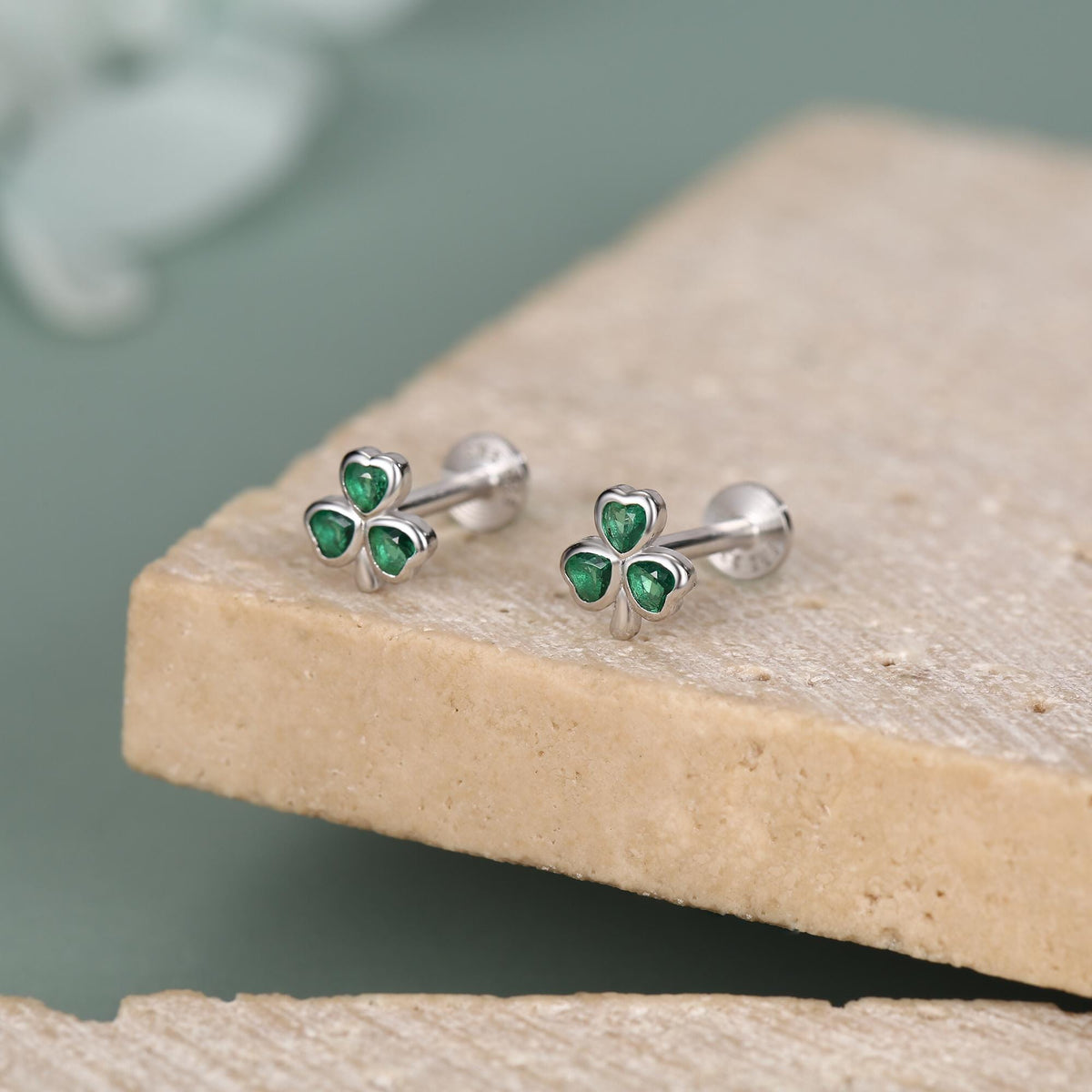 Sterling Silver Green CZ Shamrock 16G Flat Back Earrings