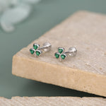 Sterling Silver Green CZ Shamrock 16G Flat Back Earrings