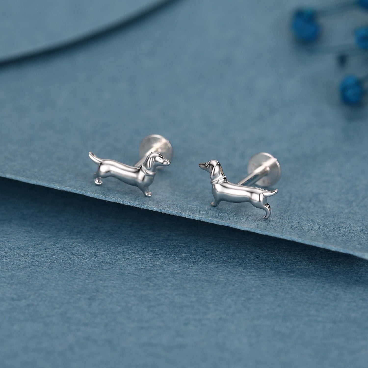 Sterling Silver Dachshund 16G Flat Back Stud Earrings