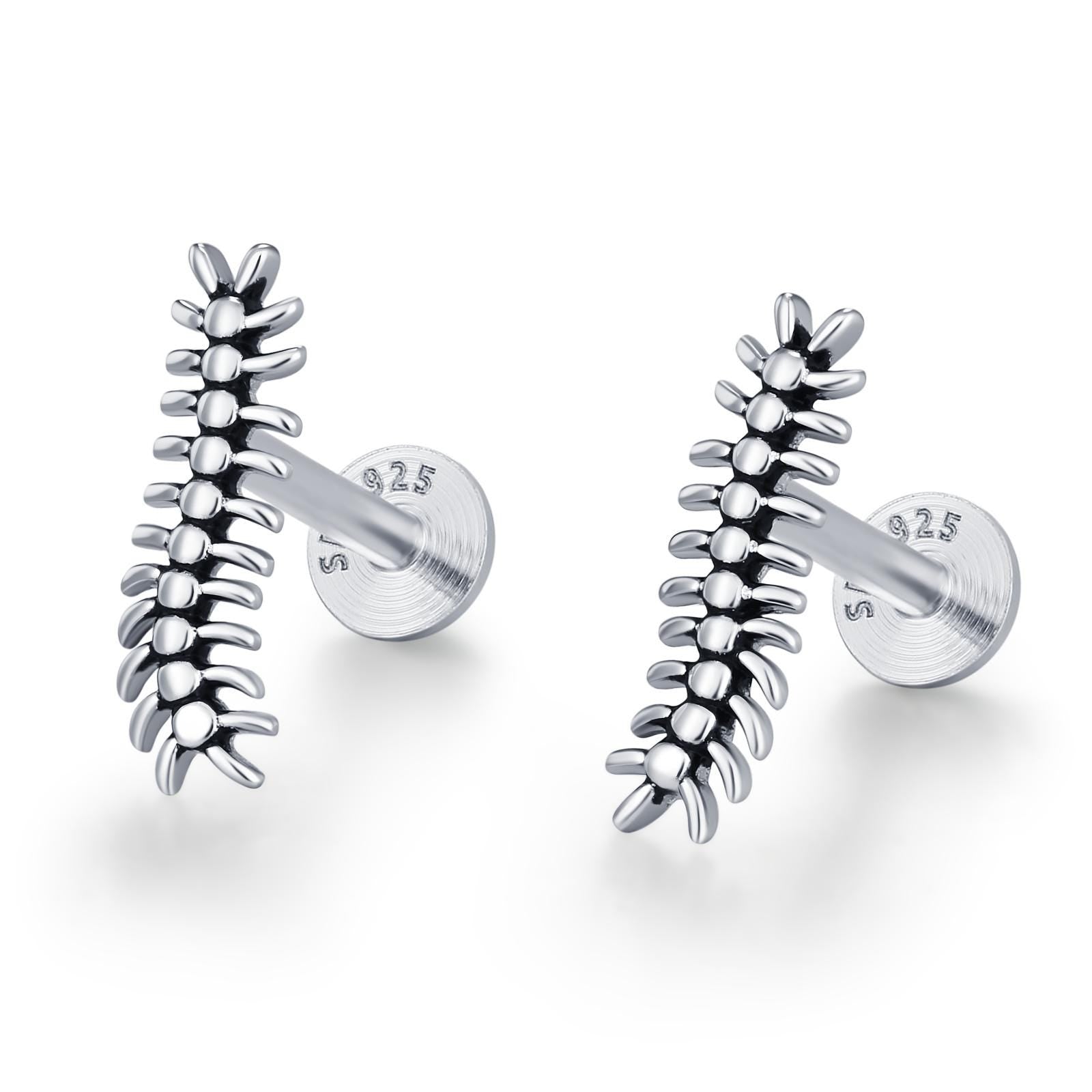 Oxidised Sterling Silver Centipede 16G Flat Back Stud Earrings