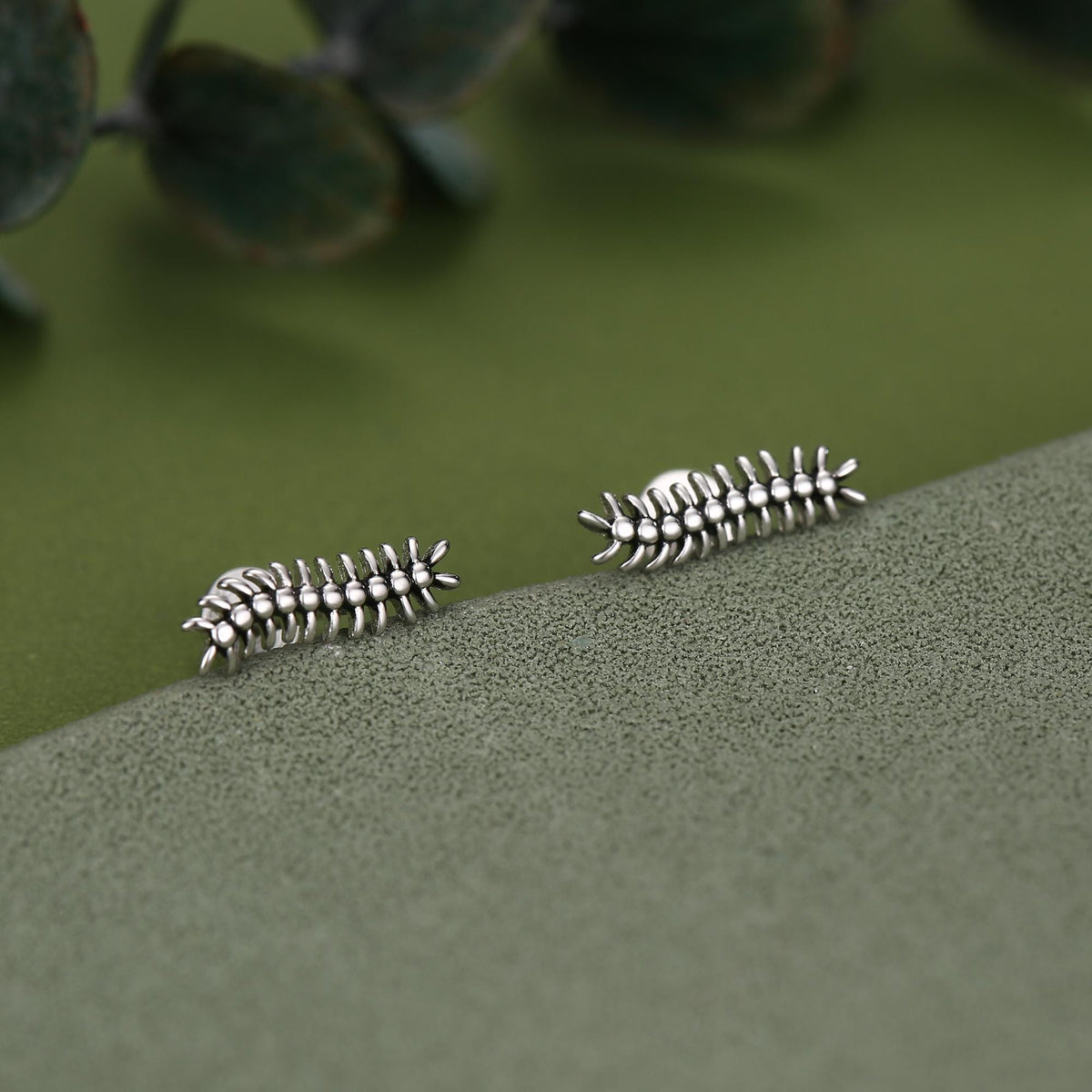 Oxidised Sterling Silver Centipede 16G Flat Back Stud Earrings