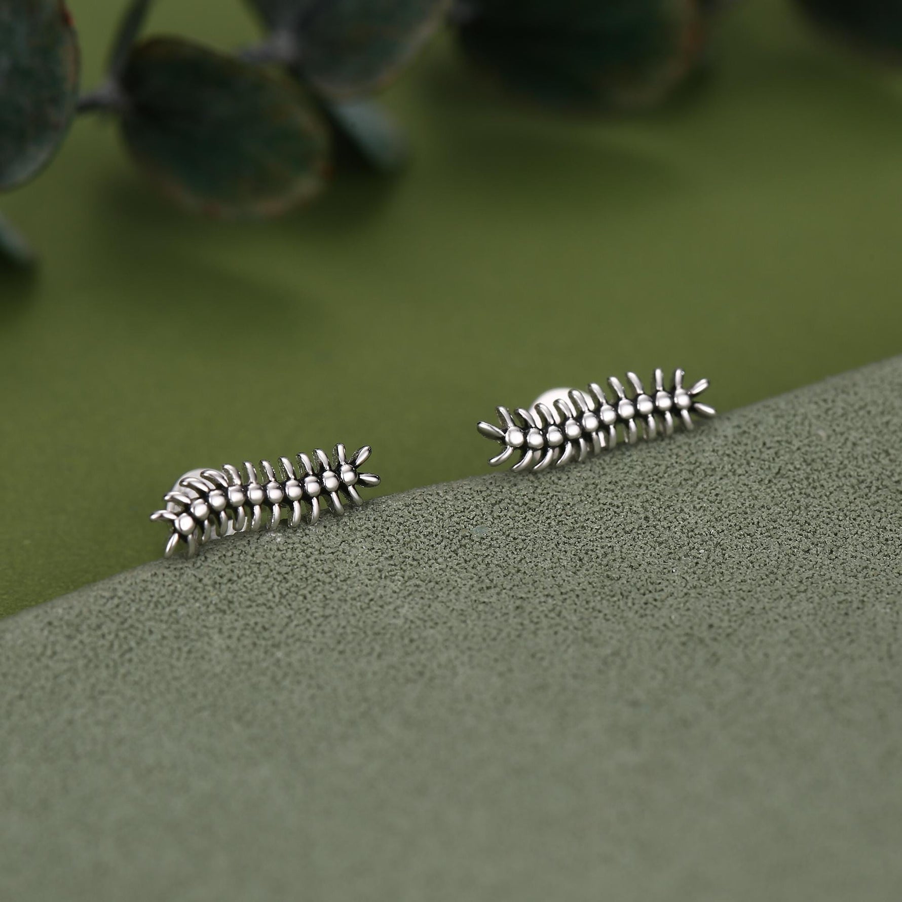 Oxidised Sterling Silver Centipede 16G Flat Back Stud Earrings