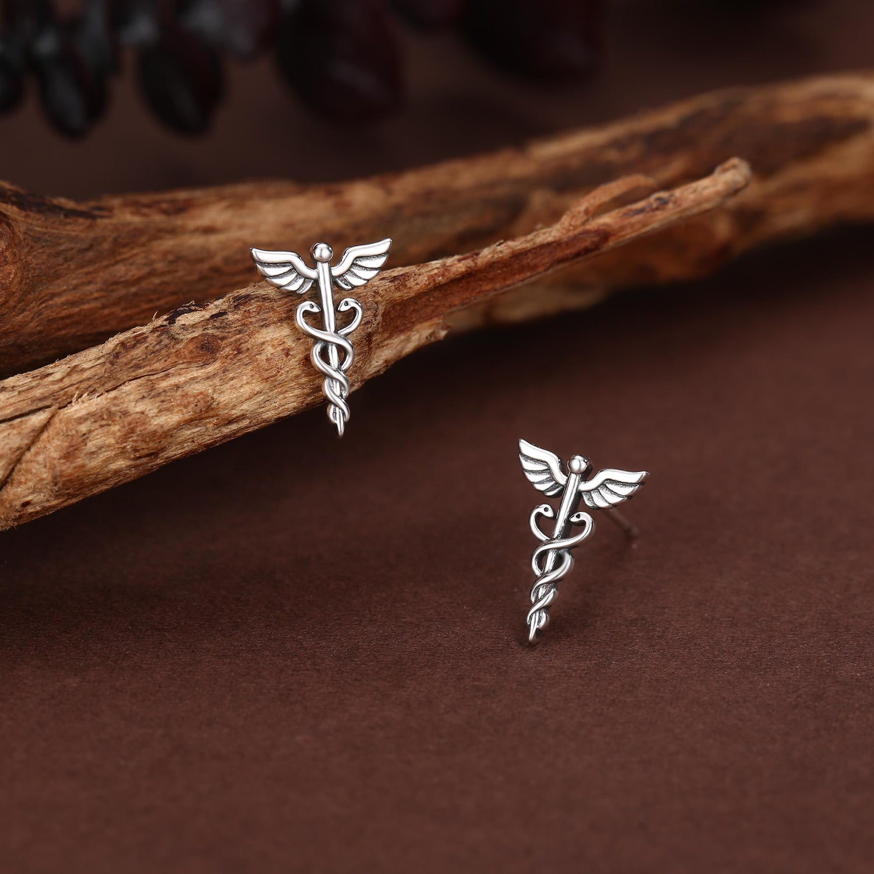 Sterling Silver Caduceus Symbol Stud Earrings