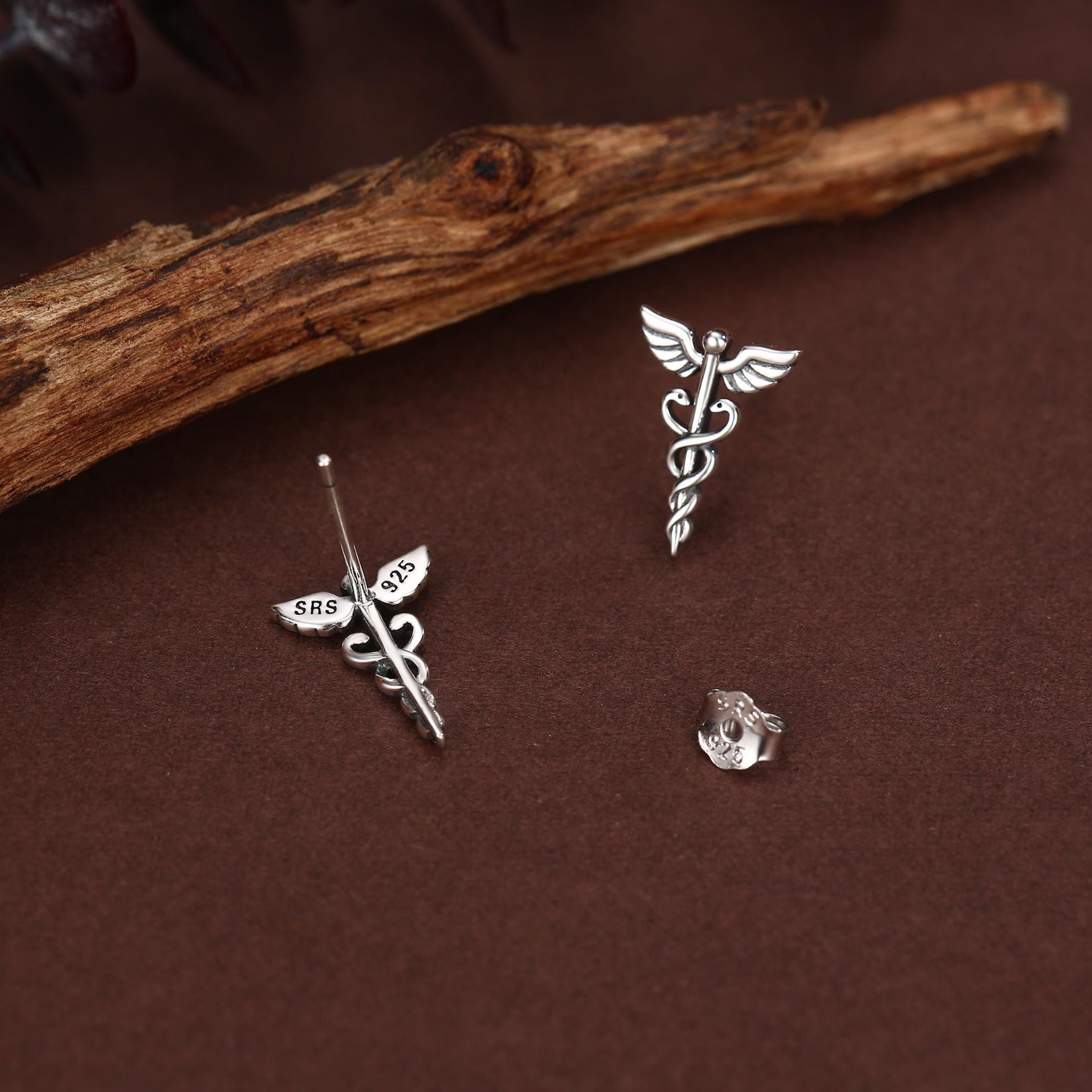 Sterling Silver Caduceus Symbol Stud Earrings