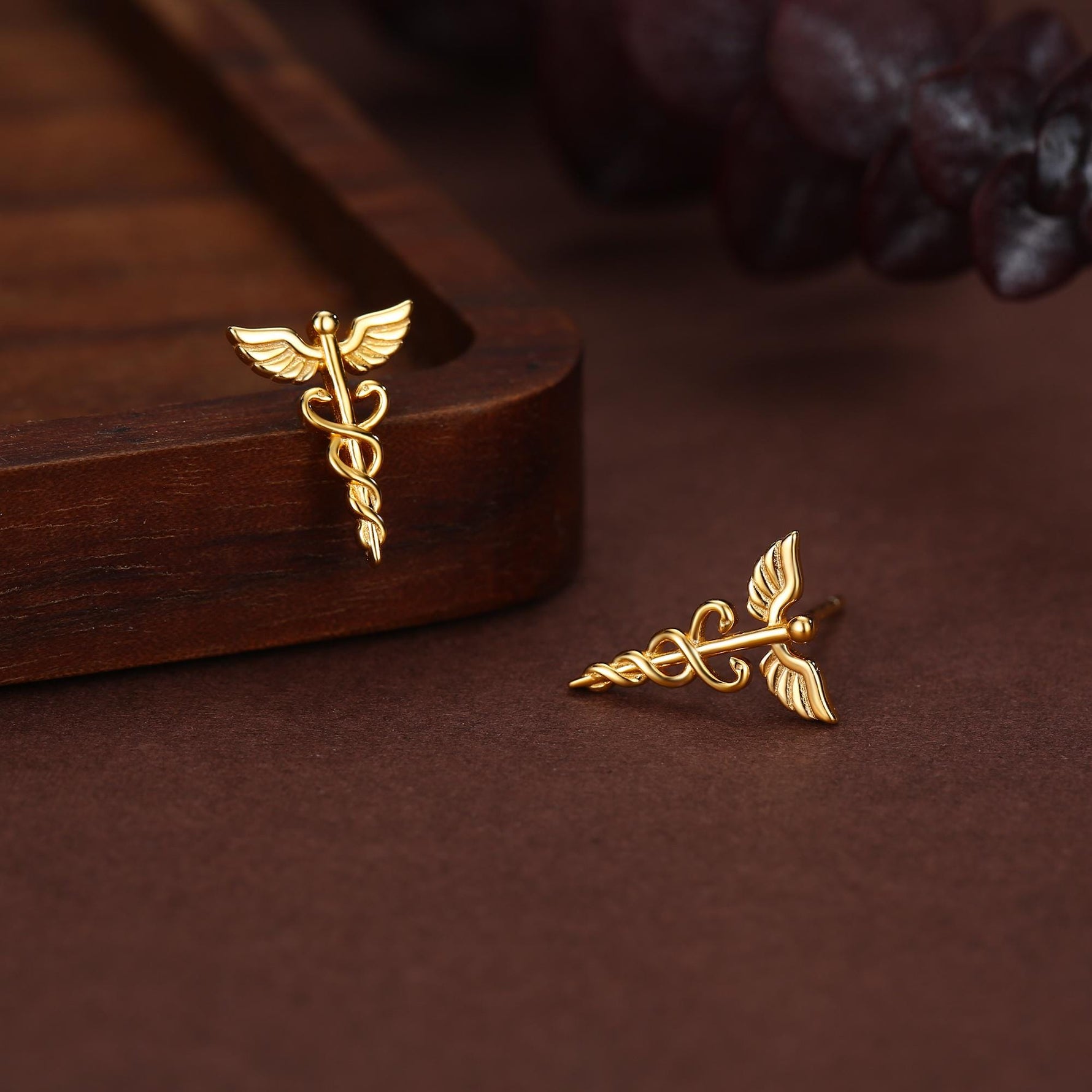 Sterling Silver Caduceus Symbol Stud Earrings