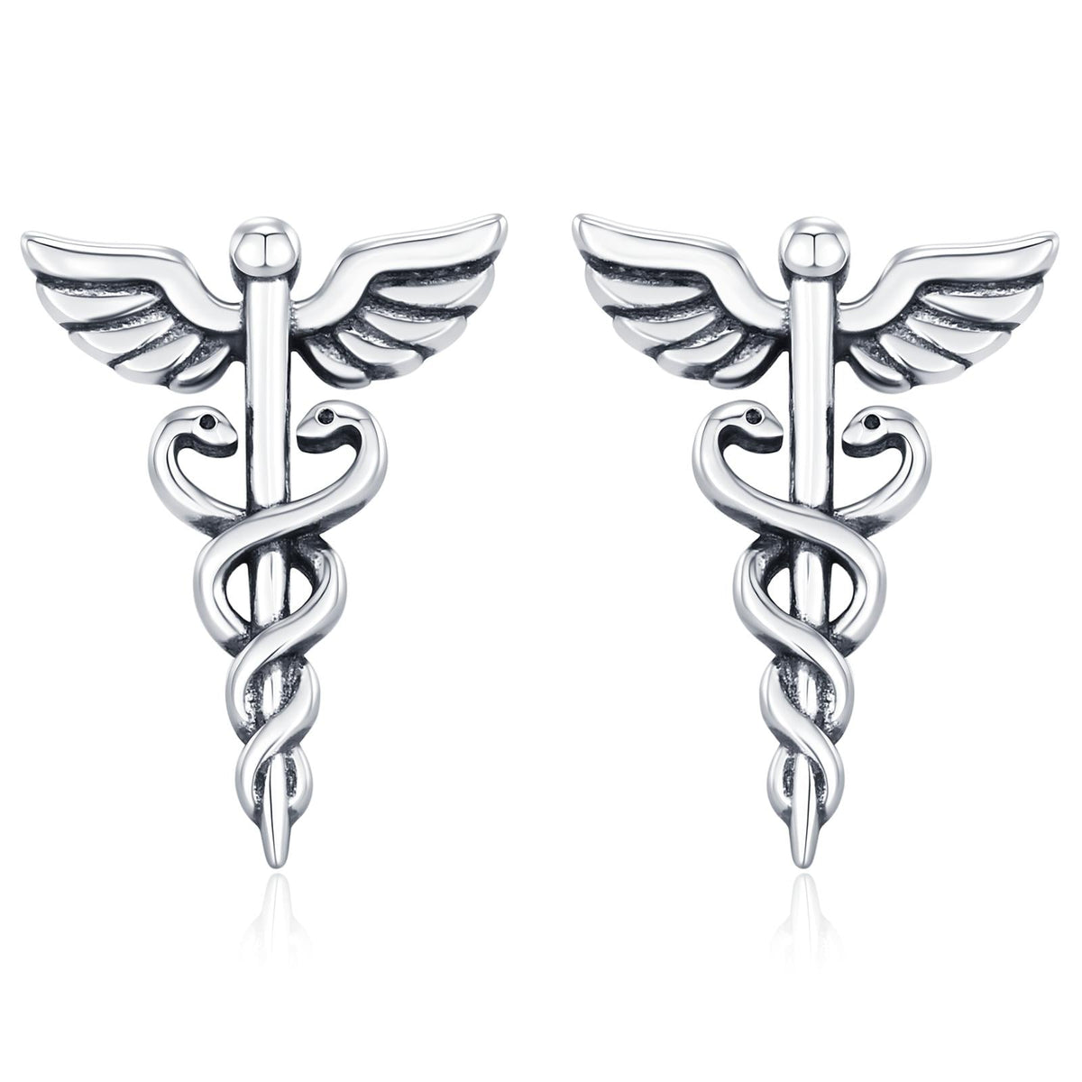 Sterling Silver Caduceus Symbol Stud Earrings