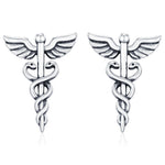 Sterling Silver Caduceus Symbol Stud Earrings