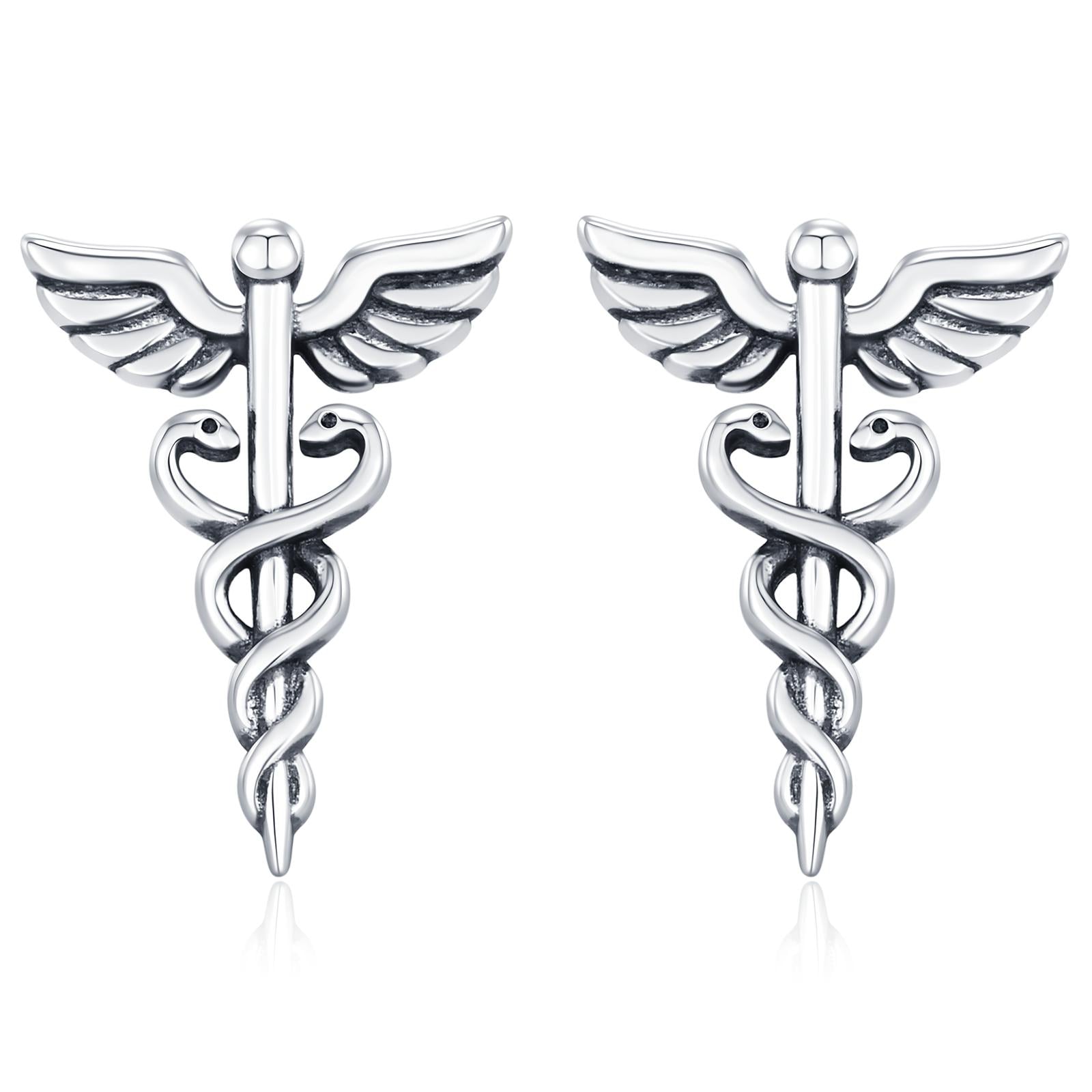 Sterling Silver Caduceus Symbol Stud Earrings