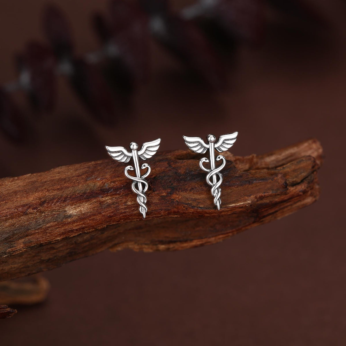 Sterling Silver Caduceus Symbol Stud Earrings