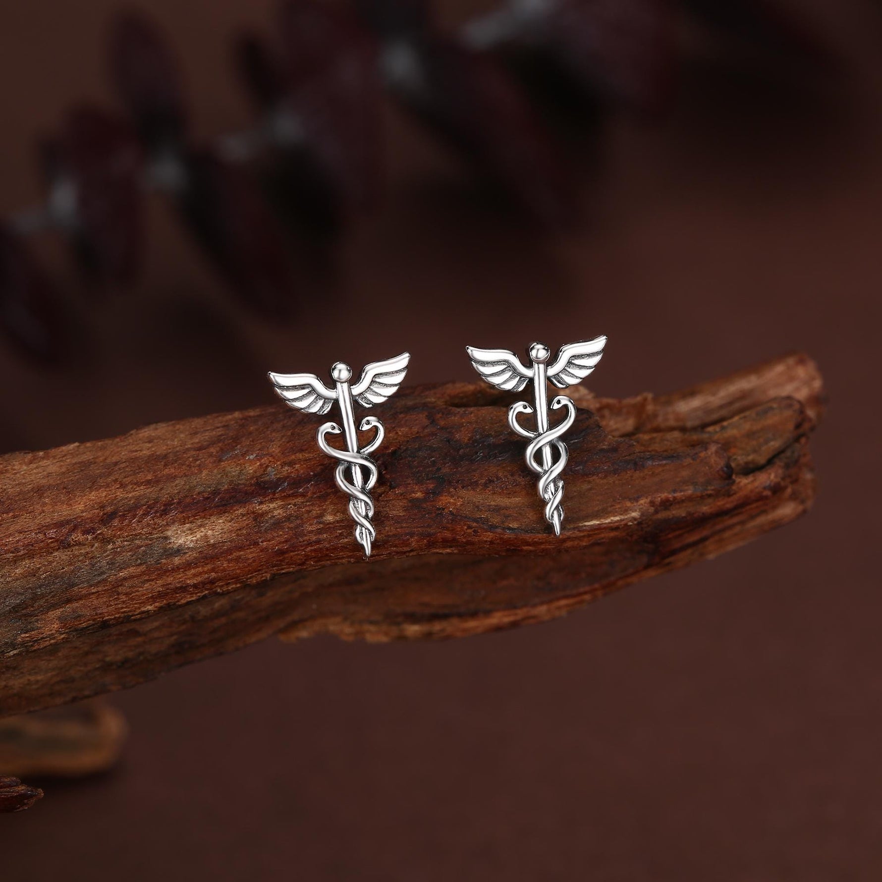 Sterling Silver Caduceus Symbol Stud Earrings