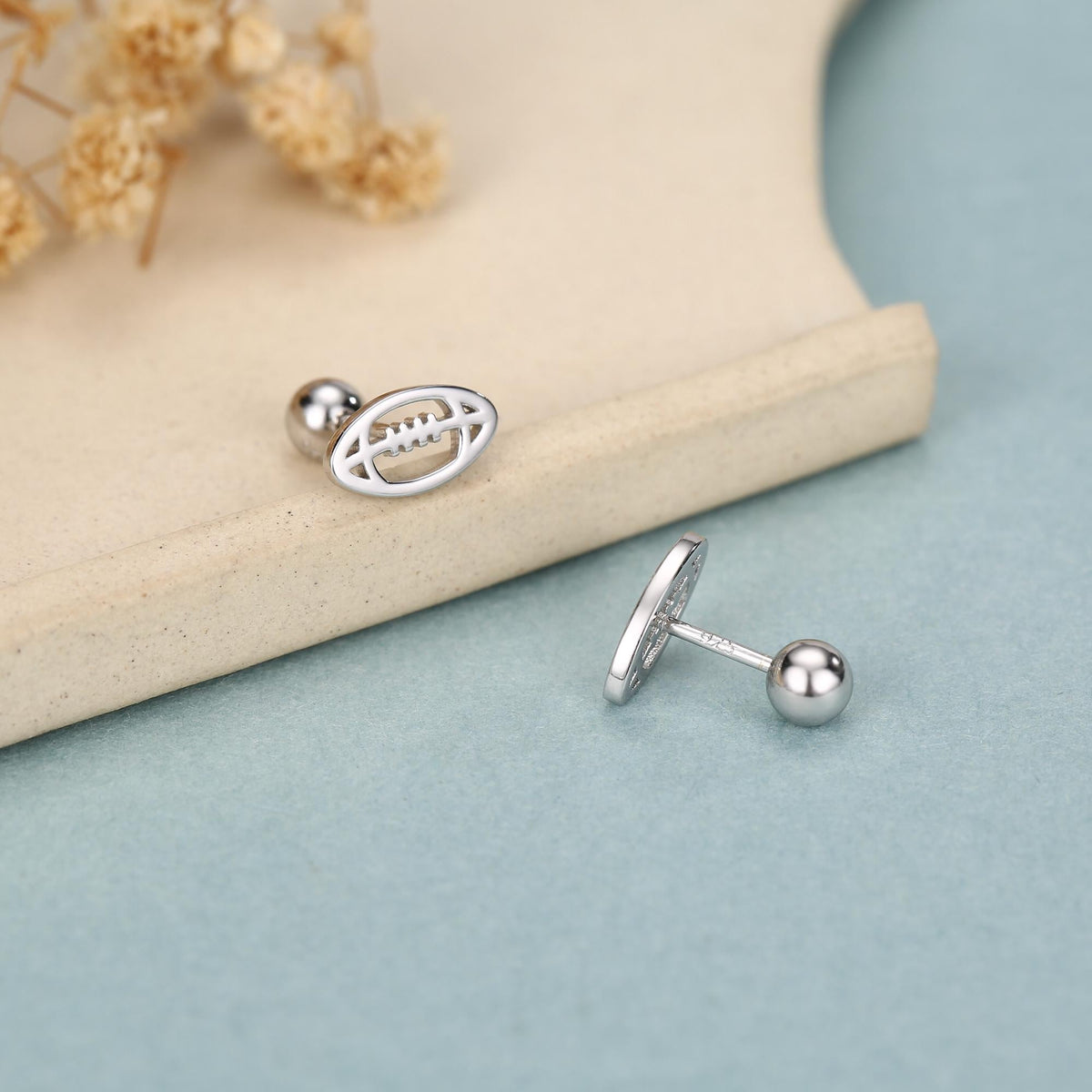 Sterling Silver Rugby Ball 16G Screw Back Stud Earrings