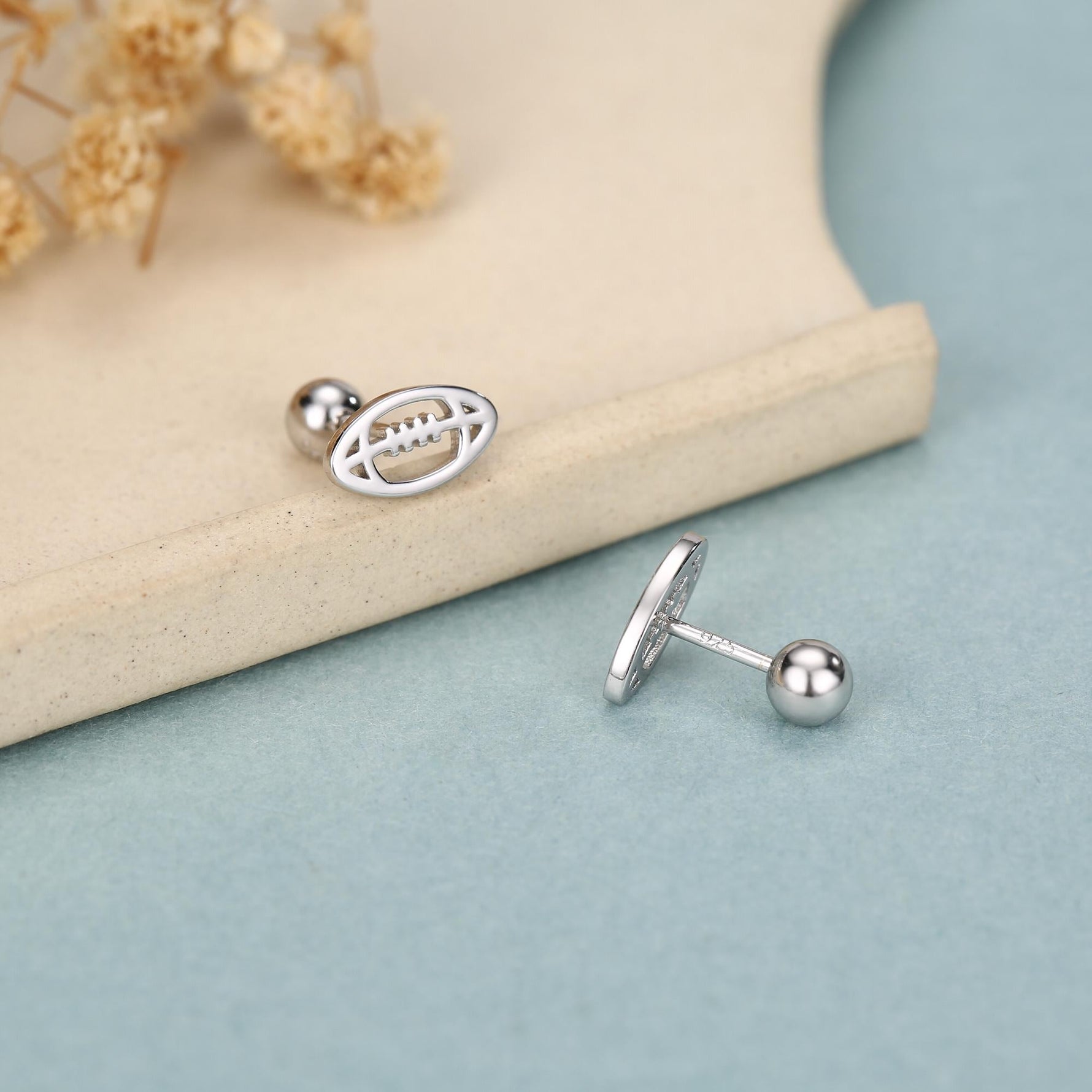 Sterling Silver Rugby Ball 16G Screw Back Stud Earrings
