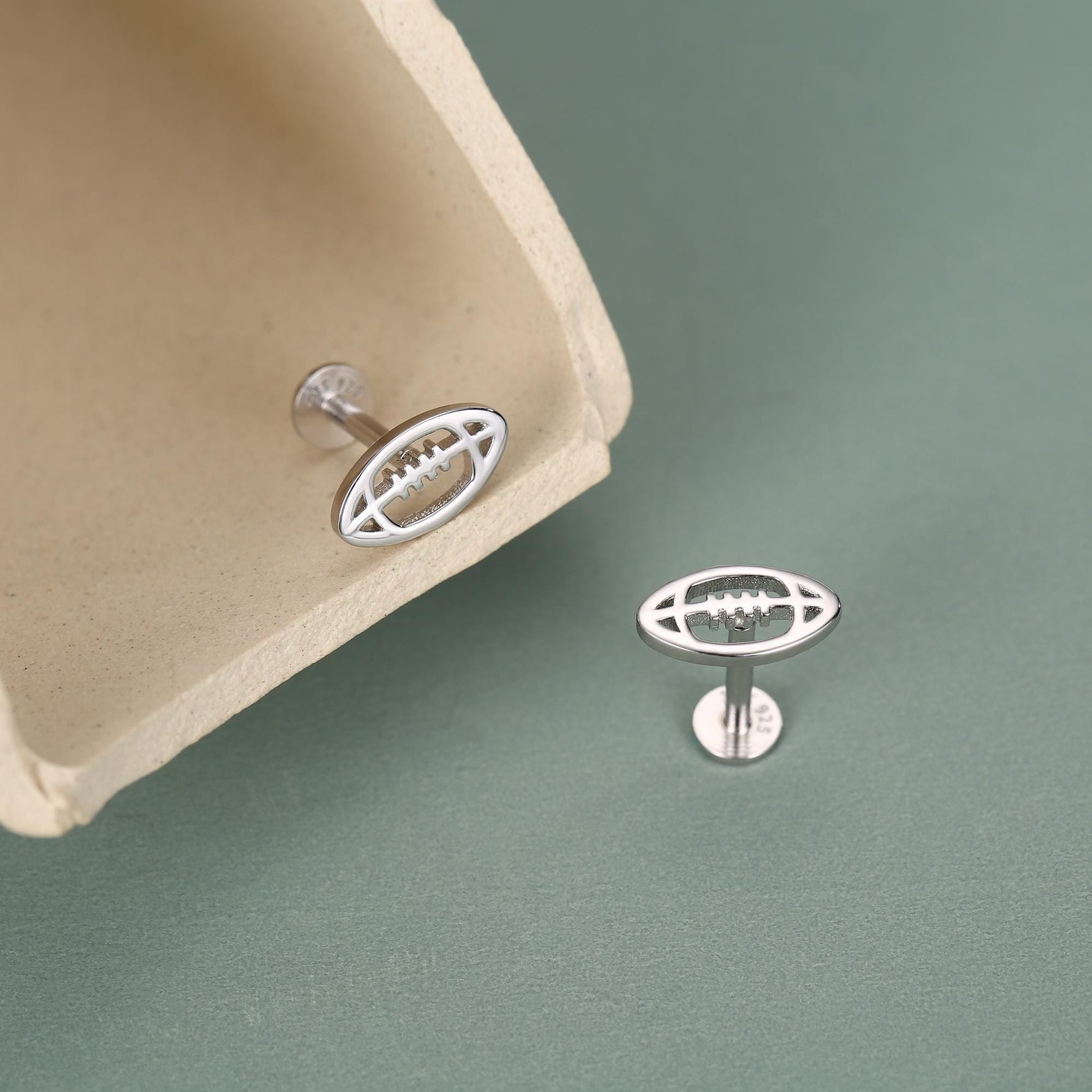 Sterling Silver Rugby Ball 16G Flat Back Stud Earrings