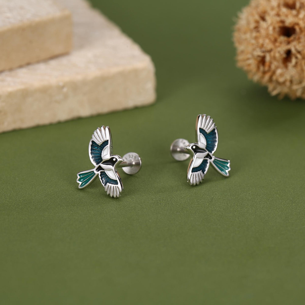 Sterling Silver Enamel Magpie 16G Flat Back Stud Earrings