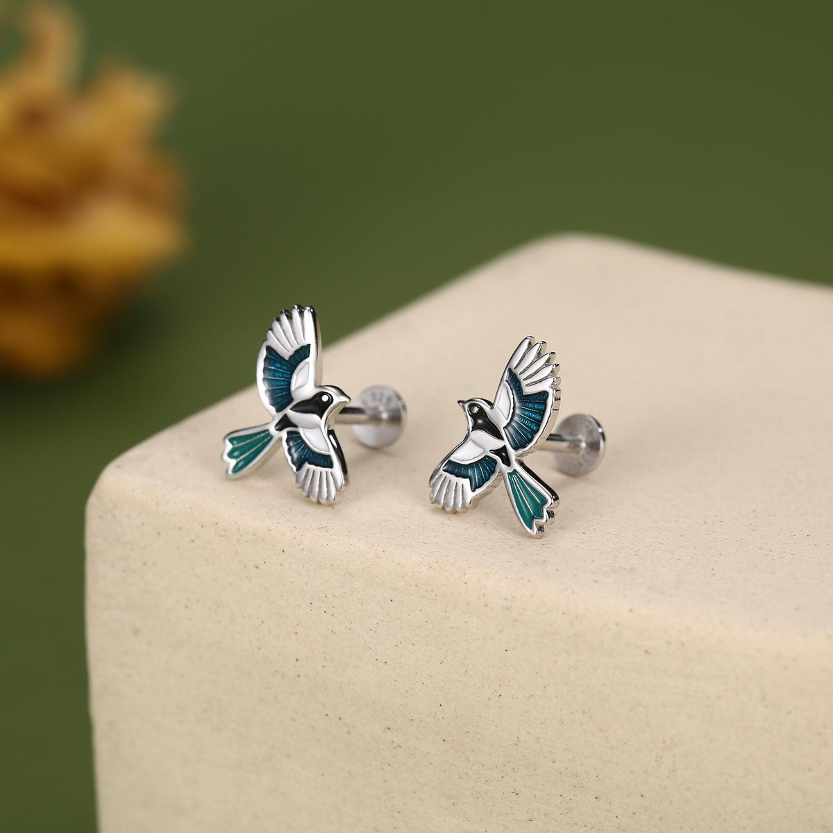 Sterling Silver Enamel Magpie 16G Flat Back Stud Earrings