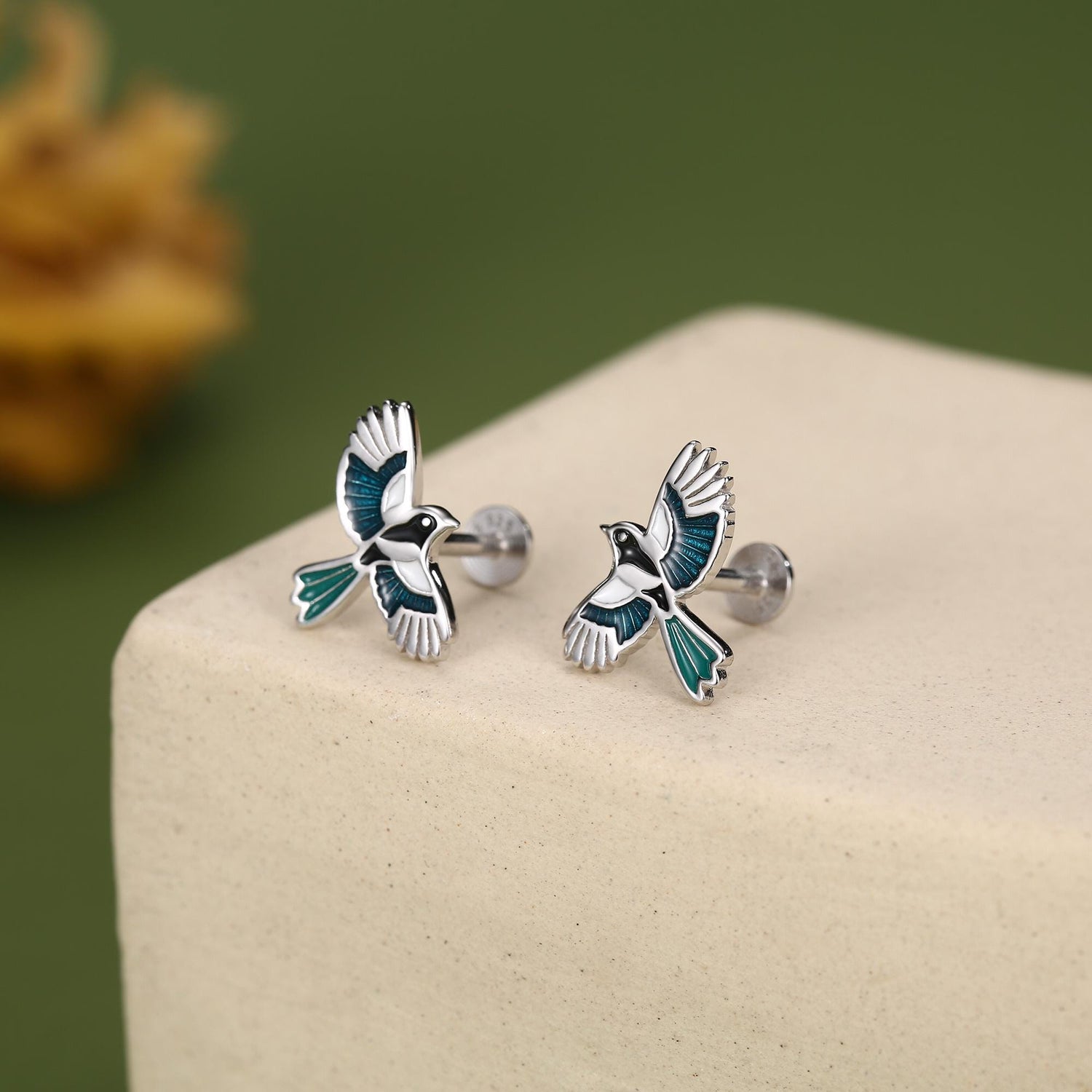Sterling Silver Enamel Magpie 16G Flat Back Stud Earrings