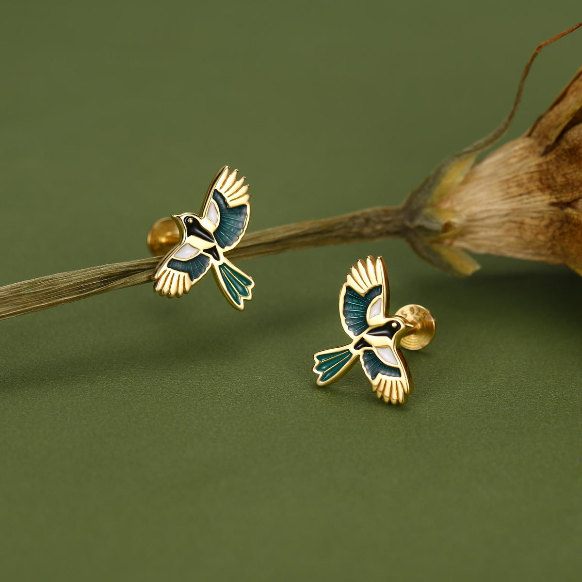 Sterling Silver Enamel Magpie 16G Flat Back Stud Earrings