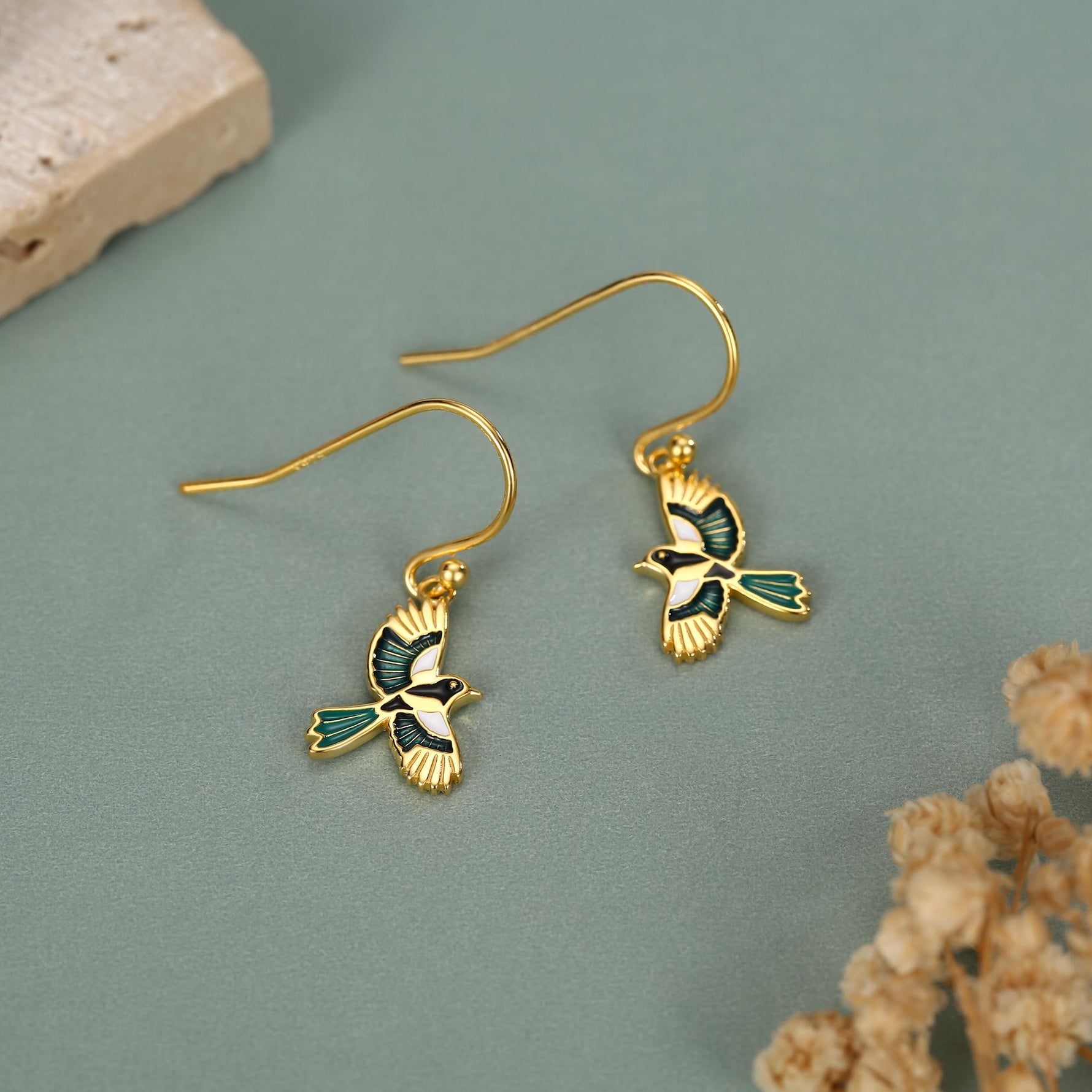 Sterling Silver Enamel Magpie Dangle Hook Earrings