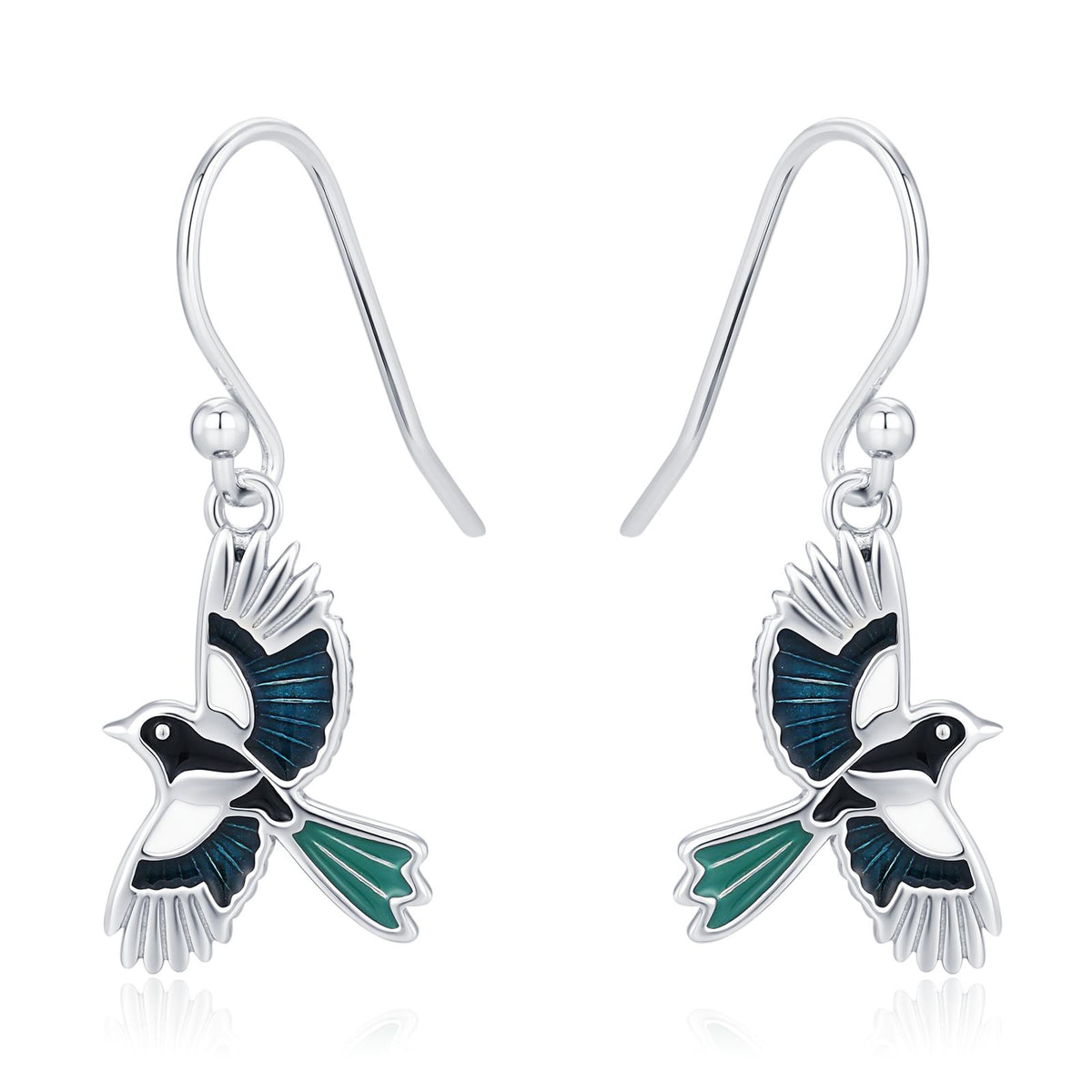 Sterling Silver Enamel Magpie Dangle Hook Earrings