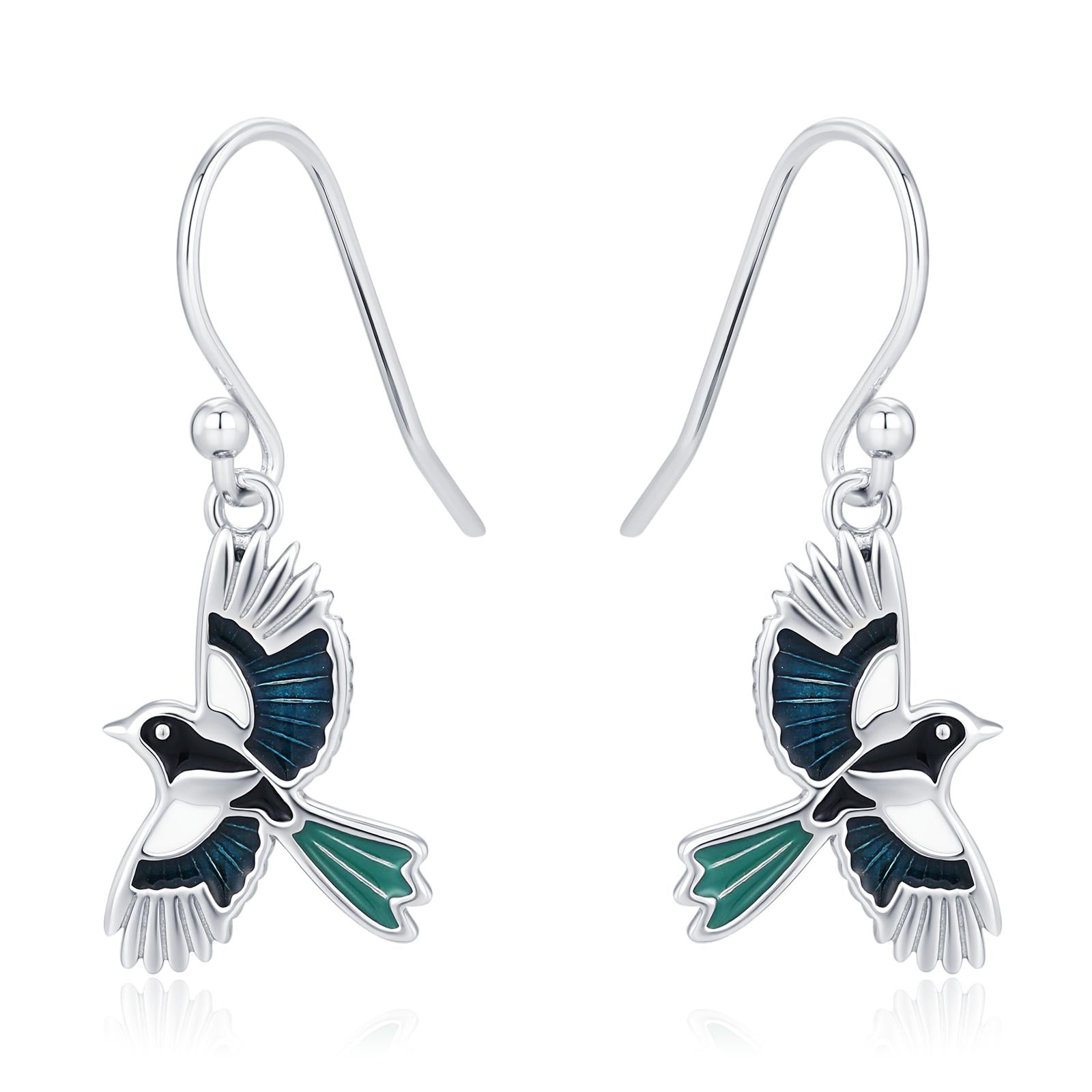 Sterling Silver Enamel Magpie Dangle Hook Earrings