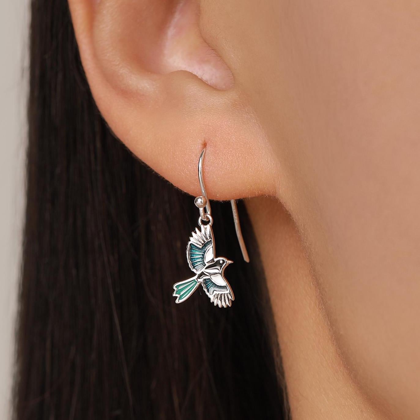 Sterling Silver Enamel Magpie Dangle Hook Earrings