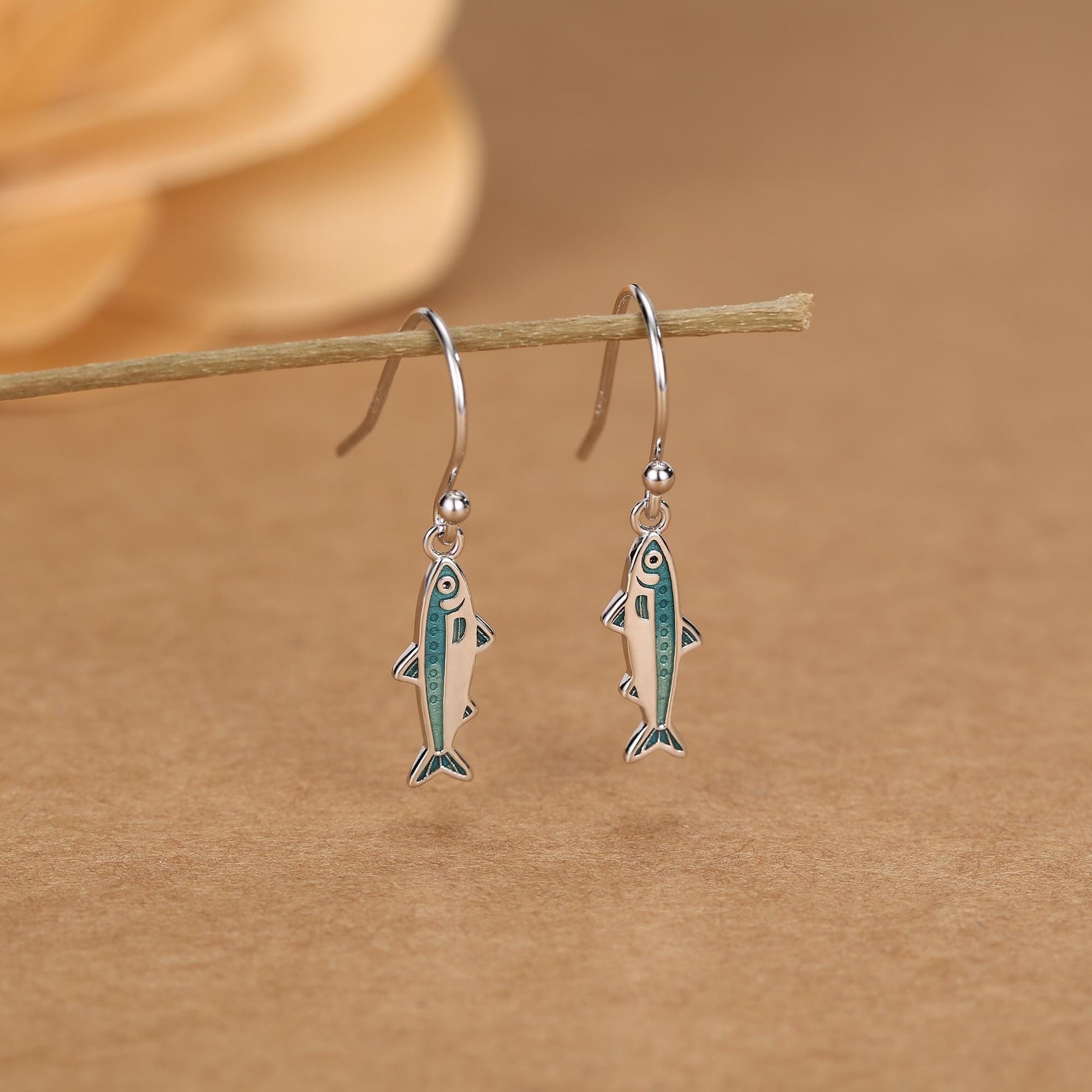 Sterling Silver Enamel Sardine Fish Dangle Hook Earrings