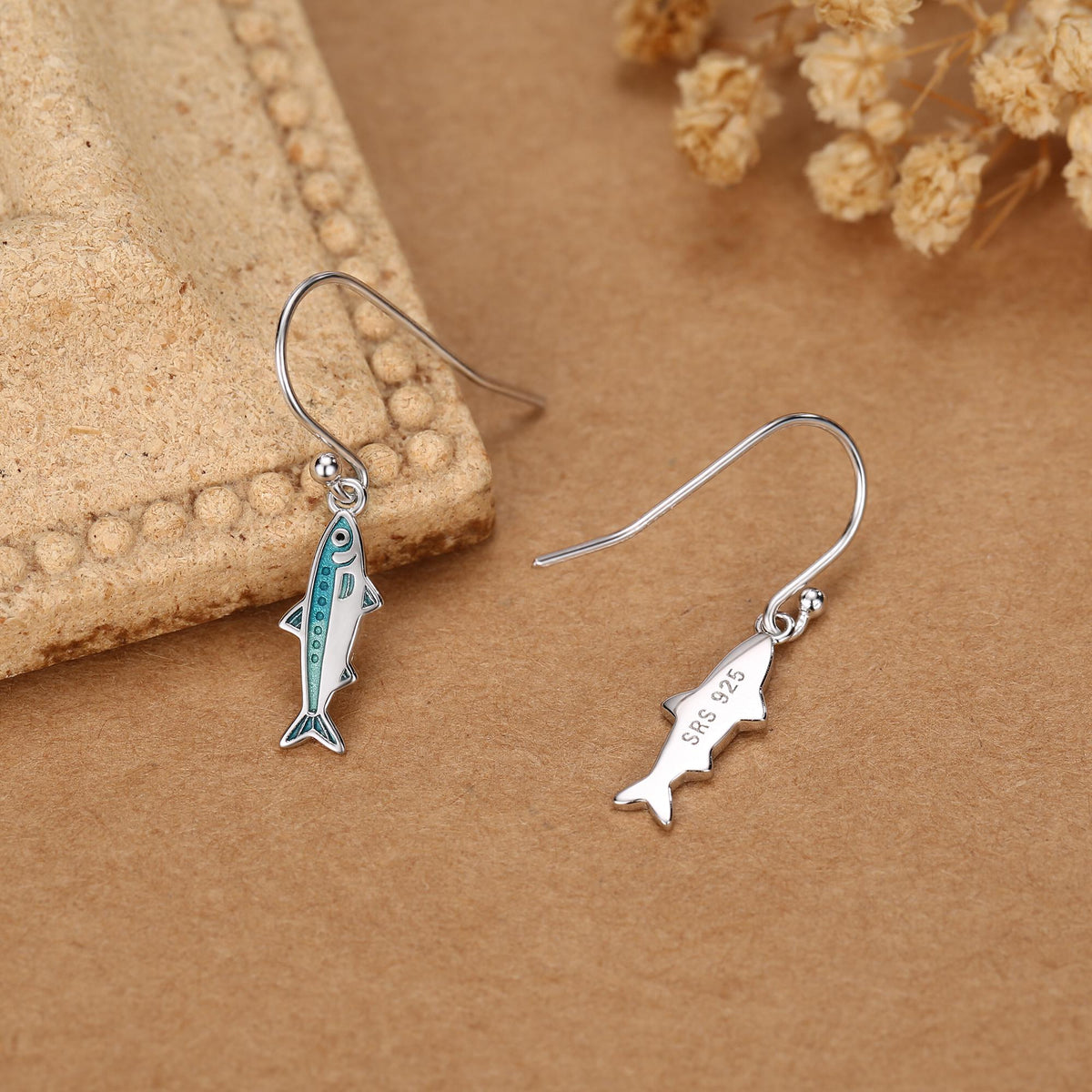 Sterling Silver Enamel Sardine Fish Dangle Hook Earrings